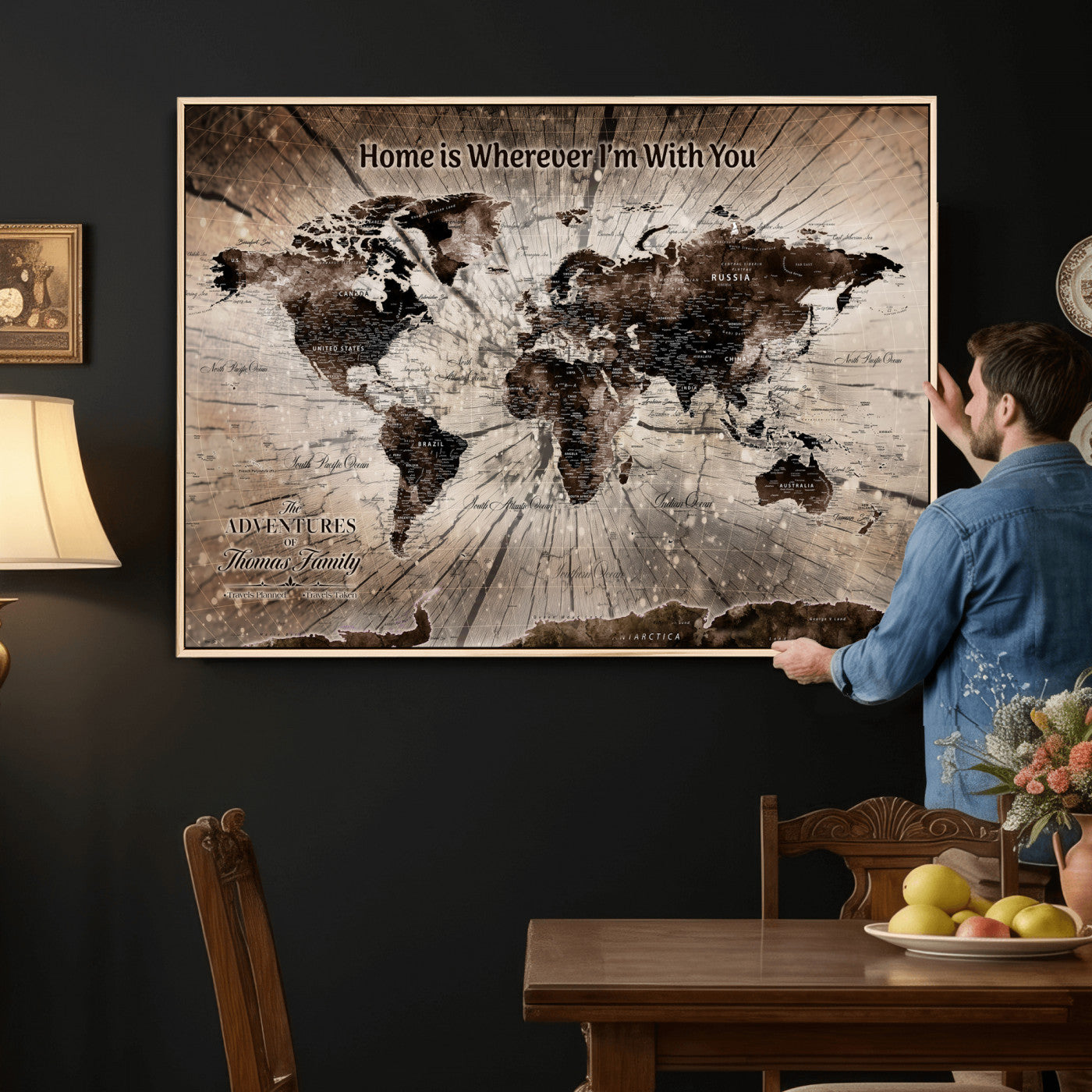 12350515-MGV-CV-36X24 - Custom Push Pin World Map Wall Art Canvas Print – Personalized Travel Tracker with Pins Framed Large for Home and Office Decor
