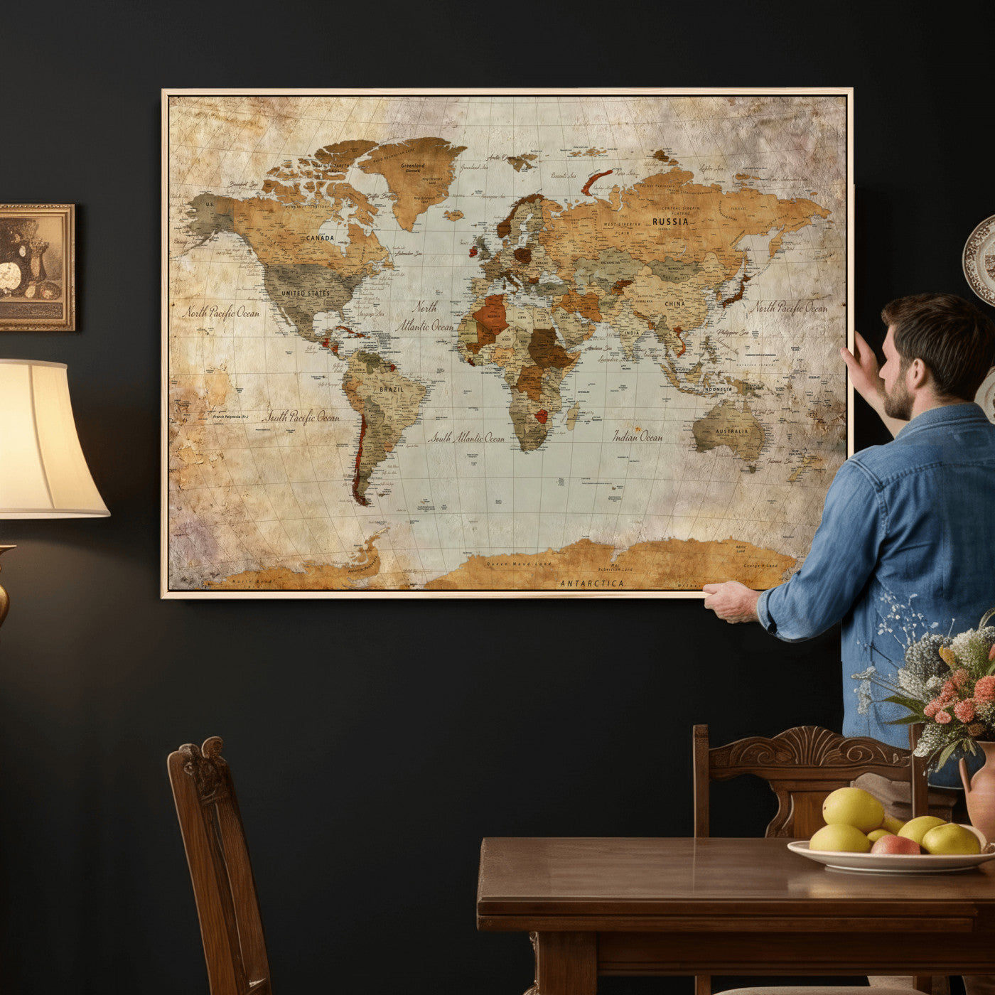 74176056-MGV-CV-36X24 - World Map Wall Art Canvas Print, Modern Decorative Framed Map Artwork Prints for Living Room, Office, Bedroom Wall Decor