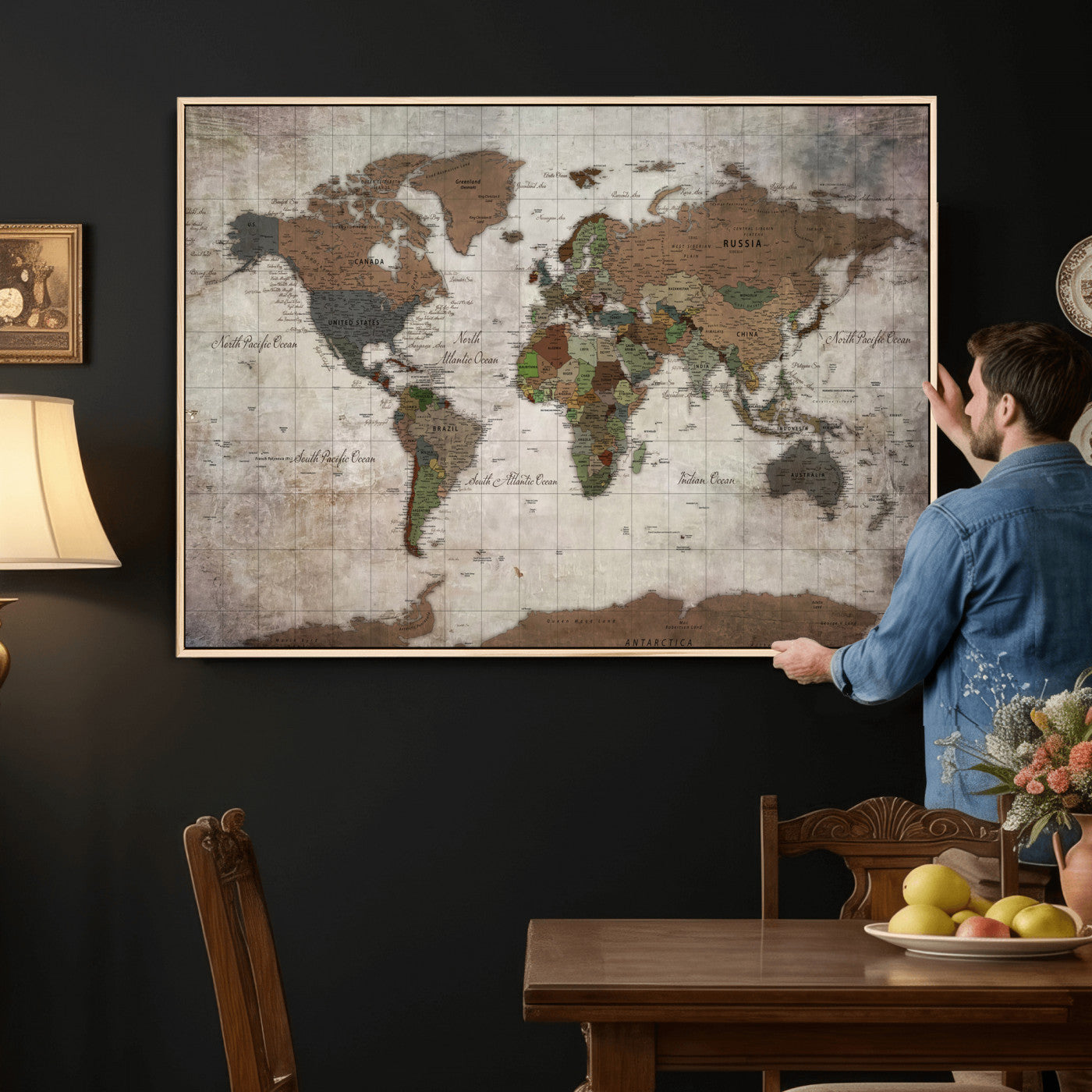 65393892-MGV-CV-36X24 - World Map Wall Art Canvas Print, Modern Decorative Framed Map Artwork Prints for Living Room, Office, Bedroom Wall Decor