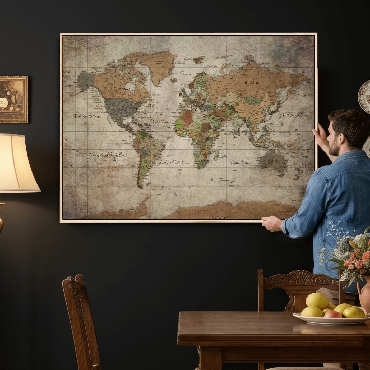 20356264-MGV-CV-36X24 - World Map Wall Art Canvas Print, Modern Decorative Framed Map Artwork Prints for Living Room, Office, Bedroom Wall Decor