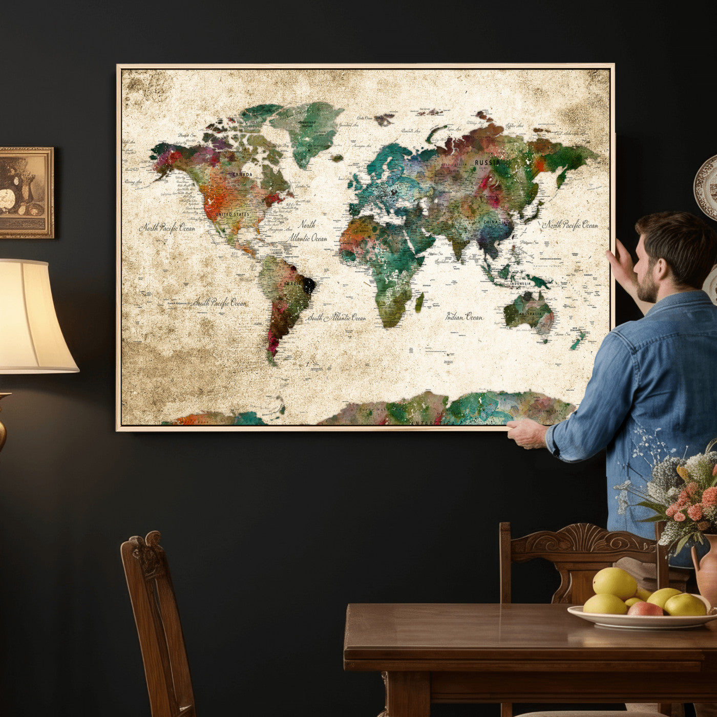 87544591-MGV-CV-36X24 - World Map Wall Art Canvas Print, Modern Decorative Framed Map Artwork Prints for Living Room, Office, Bedroom Wall Decor