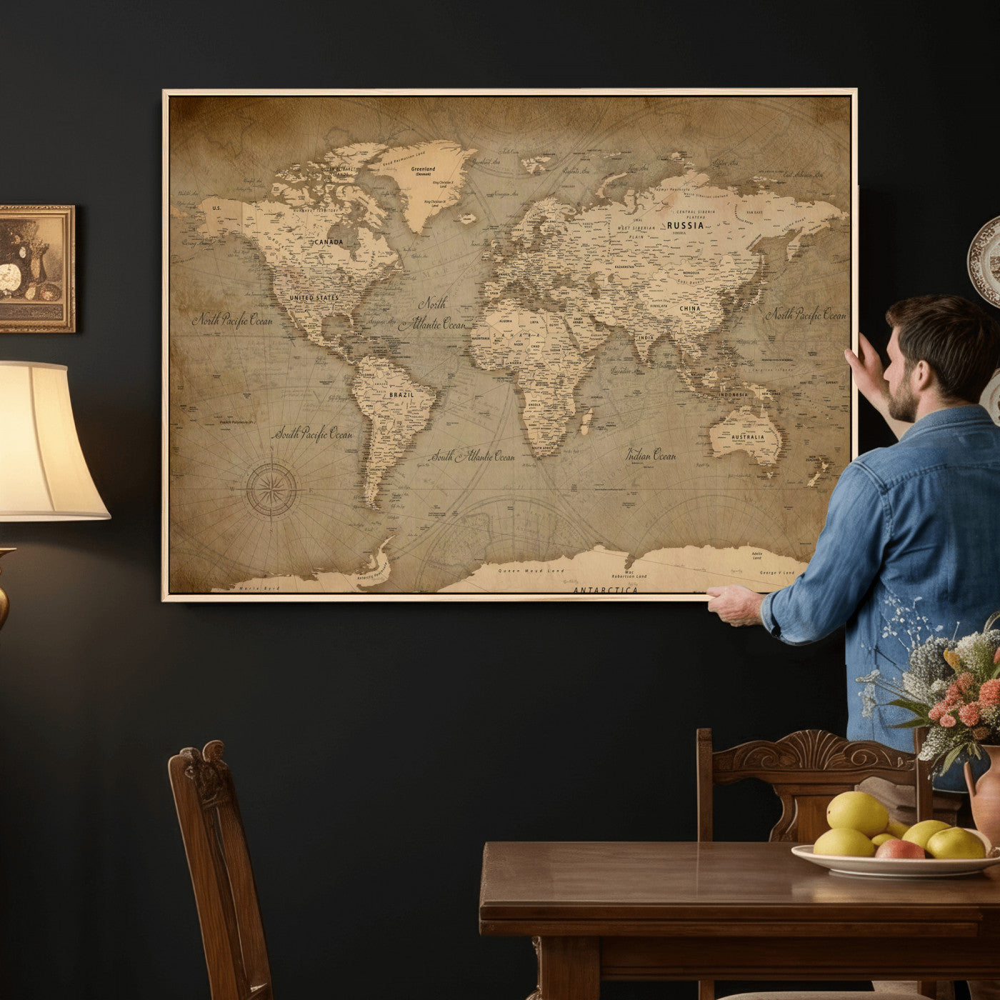 49946617-MGV-CV-36X24 - World Map Wall Art Canvas Print, Modern Decorative Framed Map Artwork Prints for Living Room, Office, Bedroom Wall Decor