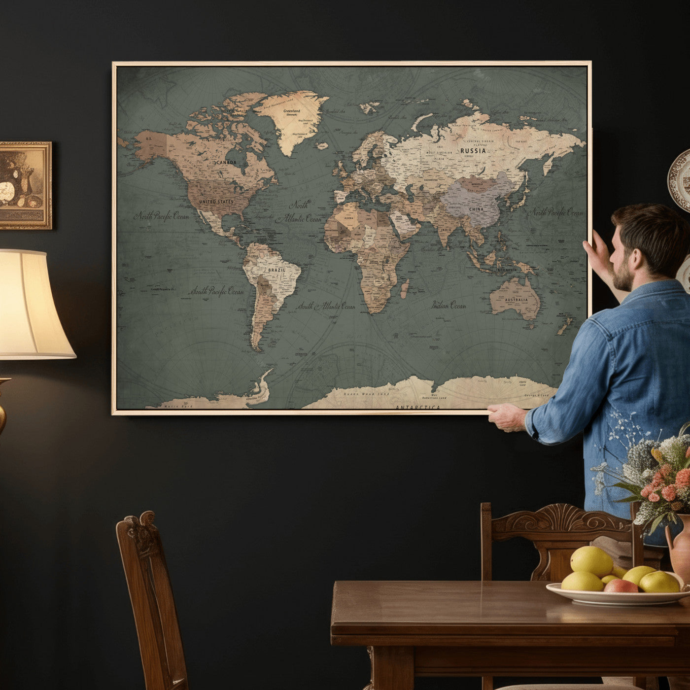 84619399-MGV-CV-36X24 - World Map Wall Art Canvas Print, Modern Decorative Framed Map Artwork Prints for Living Room, Office, Bedroom Wall Decor