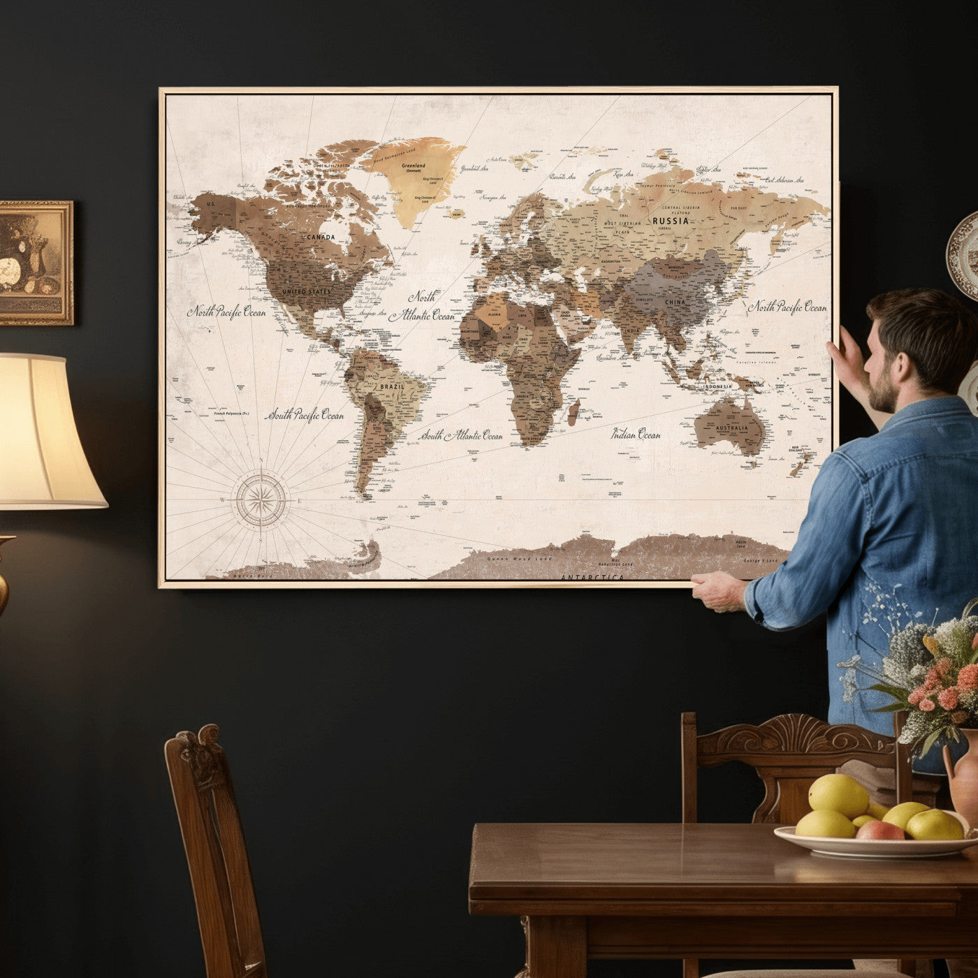 69860078-MGV-CV-36X24 - World Map Wall Art Canvas Print, Modern Decorative Framed Map Artwork Prints for Living Room, Office, Bedroom Wall Decor