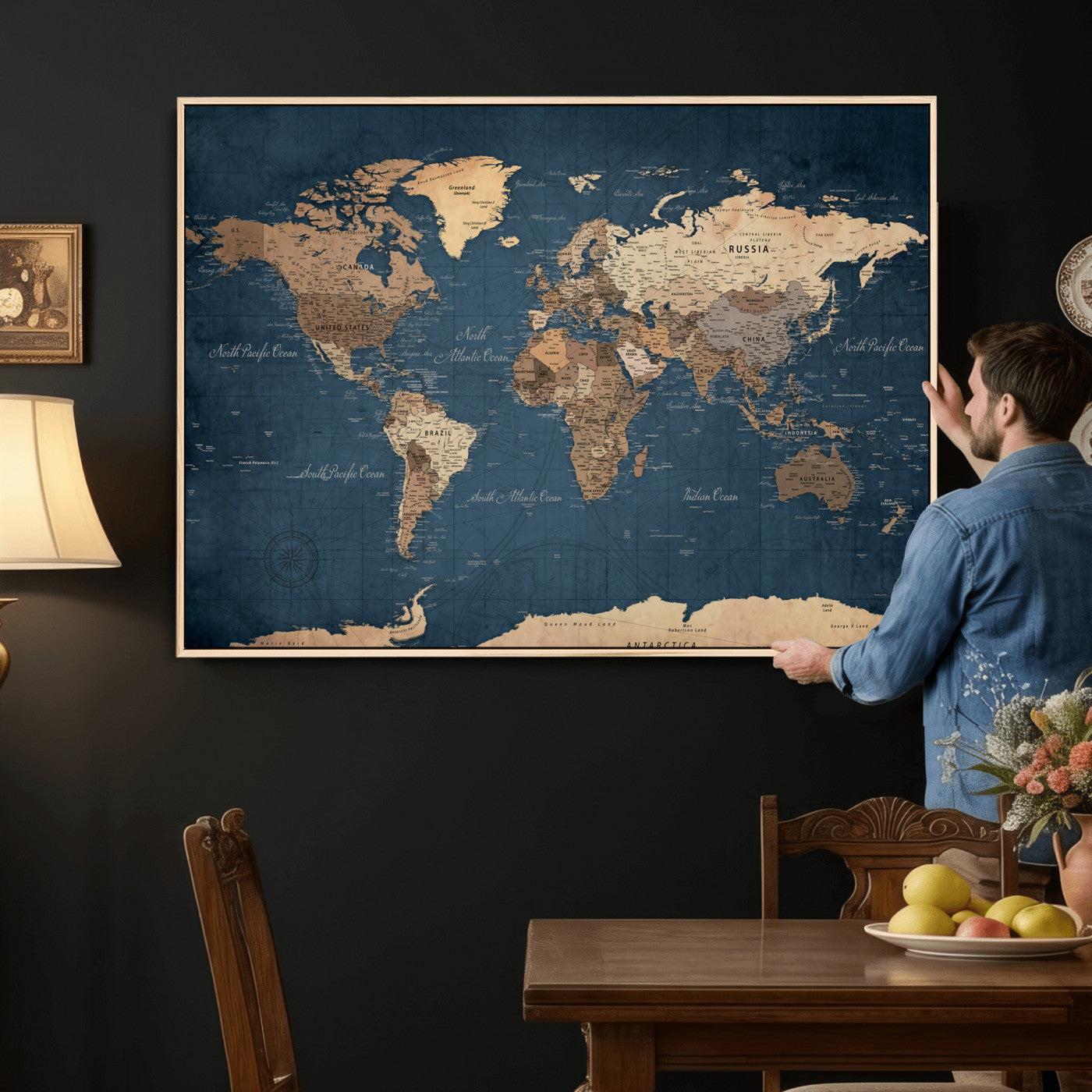 69886352-MGV-CV-36X24 - World Map Wall Art Canvas Print, Modern Decorative Framed Map Artwork Prints for Living Room, Office, Bedroom Wall Decor
