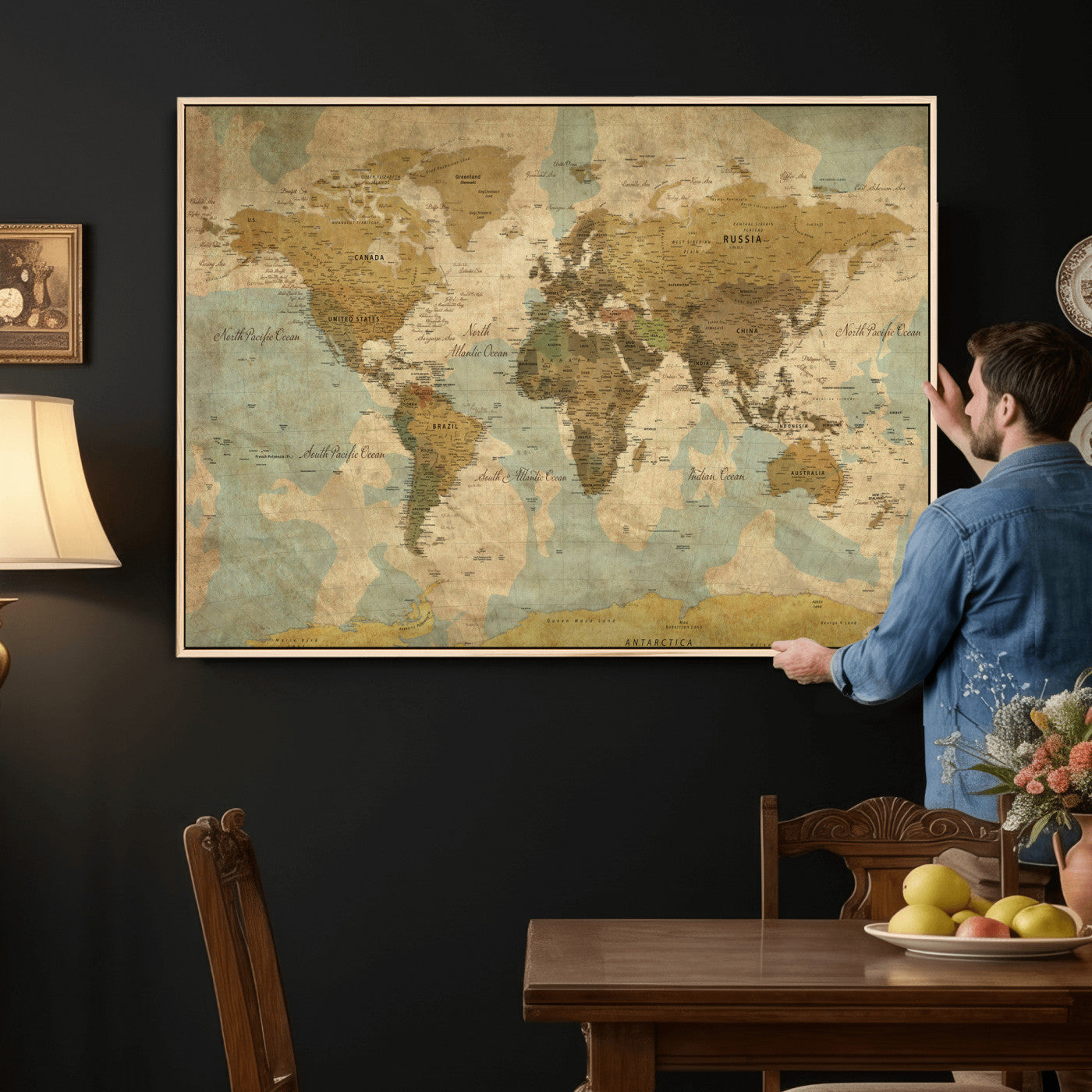 89356927-MGV-CV-36X24 - World Map Wall Art Canvas Print, Modern Decorative Framed Map Artwork Prints for Living Room, Office, Bedroom Wall Decor
