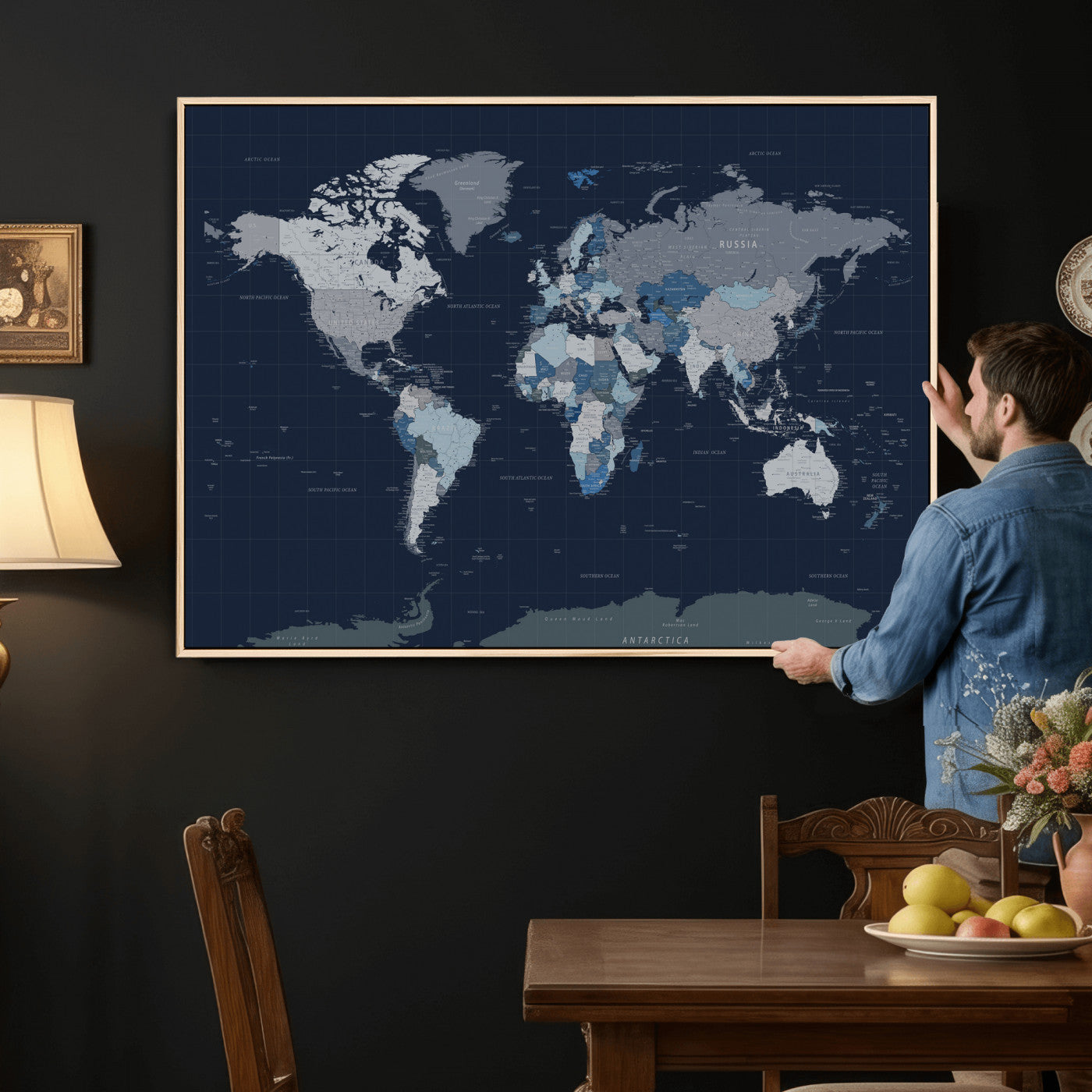 17712680-MGV-CV-36X24 - World Map Wall Art Canvas Print, Modern Decorative Framed Map Artwork Prints for Living Room, Office, Bedroom Wall Decor