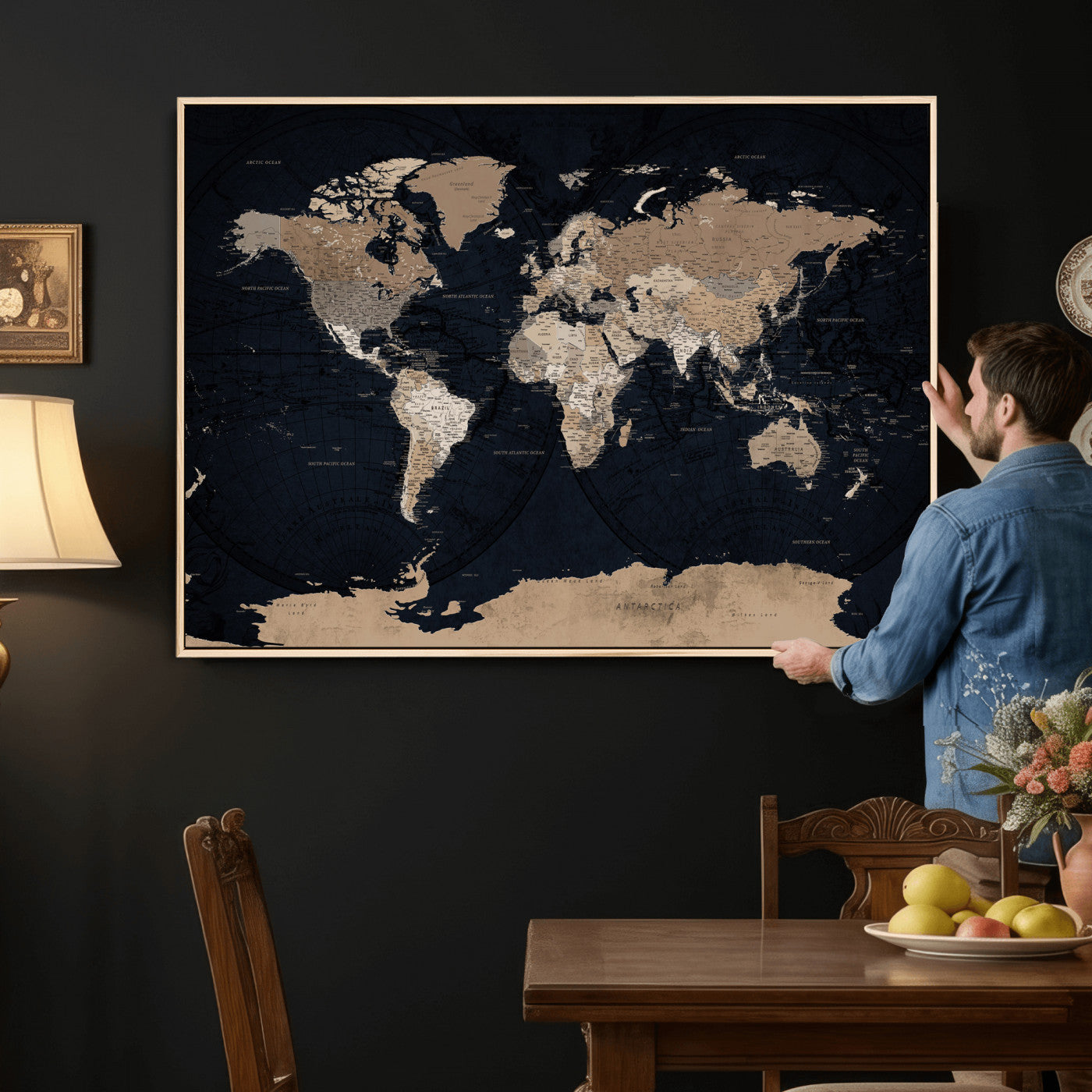 25812727-MGV-CV-36X24 - World Map Wall Art Canvas Print, Modern Decorative Framed Map Artwork Prints for Living Room, Office, Bedroom Wall Decor