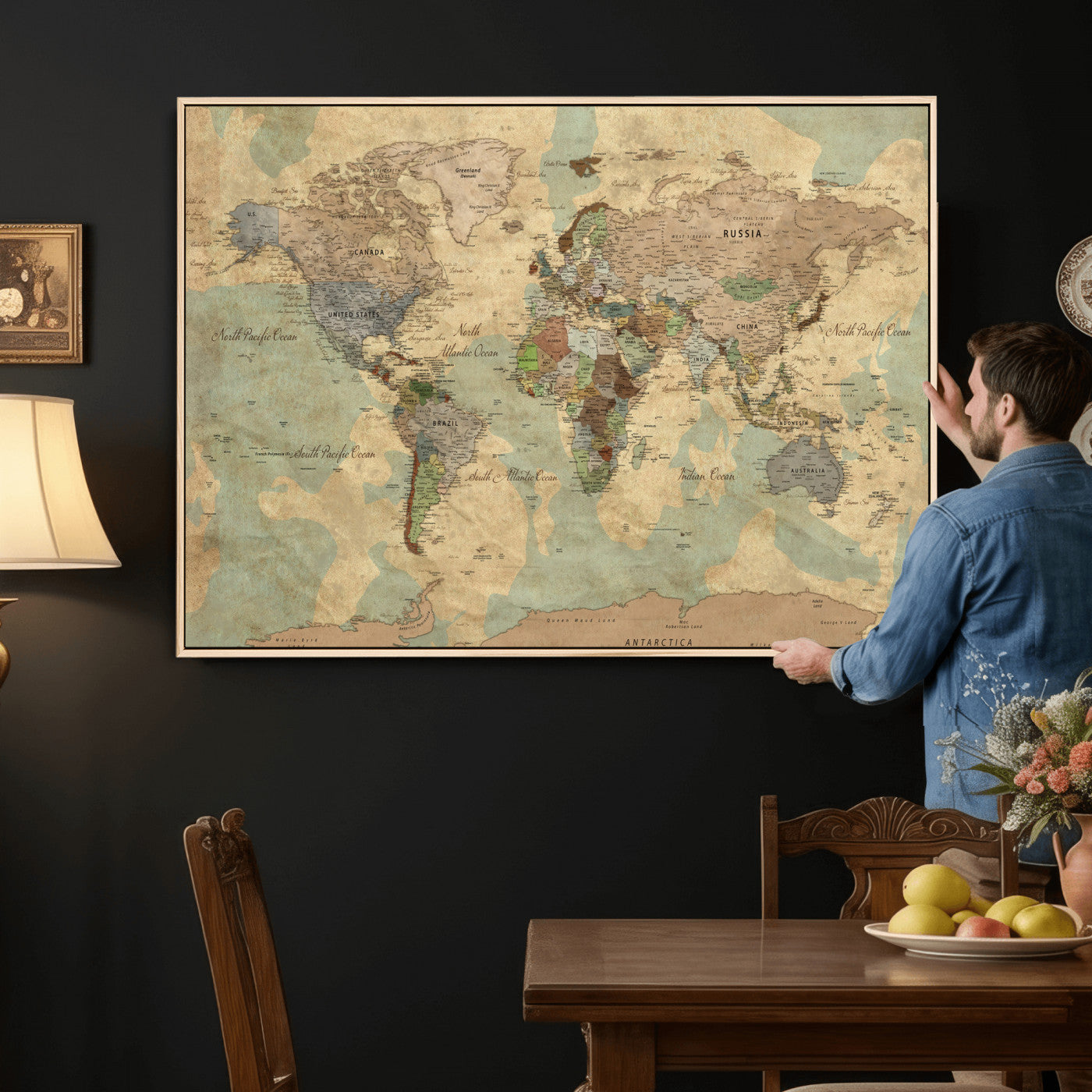 72396478-MGV-CV-36X24 - World Map Wall Art Canvas Print, Modern Decorative Framed Map Artwork Prints for Living Room, Office, Bedroom Wall Decor
