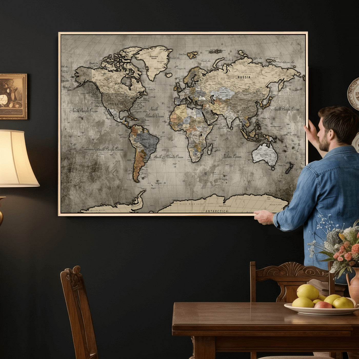 85218700-MGV-CV-36X24 - World Map Wall Art Canvas Print, Modern Decorative Framed Map Artwork Prints for Living Room, Office, Bedroom Wall Decor