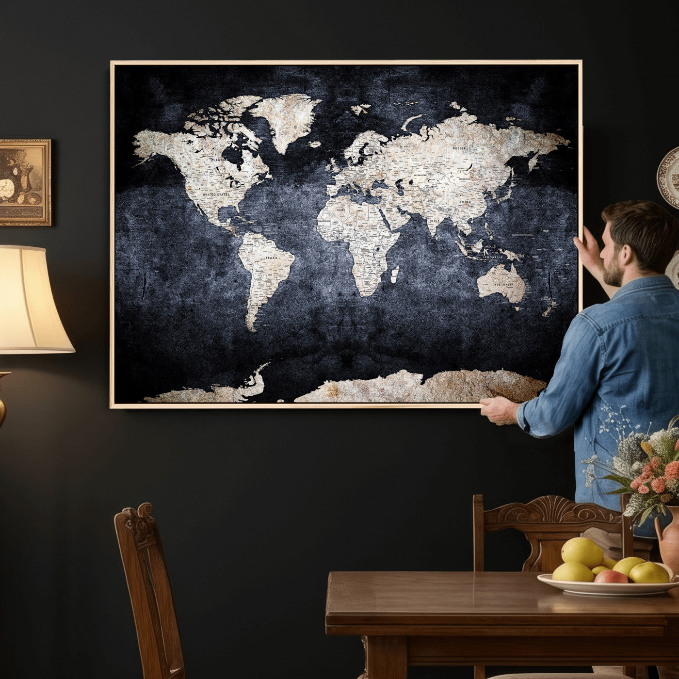 41193404-MGV-CV-36X24 - World Map Wall Art Canvas Print, Modern Decorative Framed Map Artwork Prints for Living Room, Office, Bedroom Wall Decor