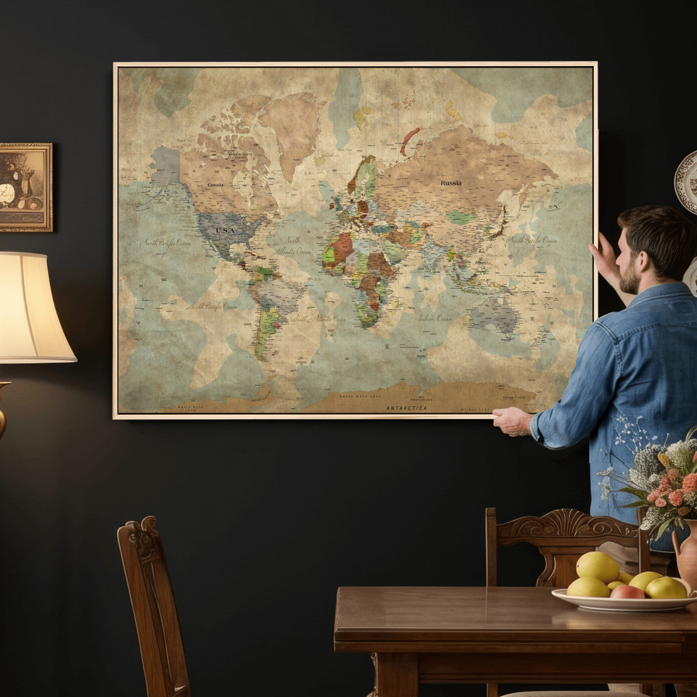 31492148-MGV-CV-36X24 - World Map Wall Art Canvas Print, Modern Decorative Framed Map Artwork Prints for Living Room, Office, Bedroom Wall Decor
