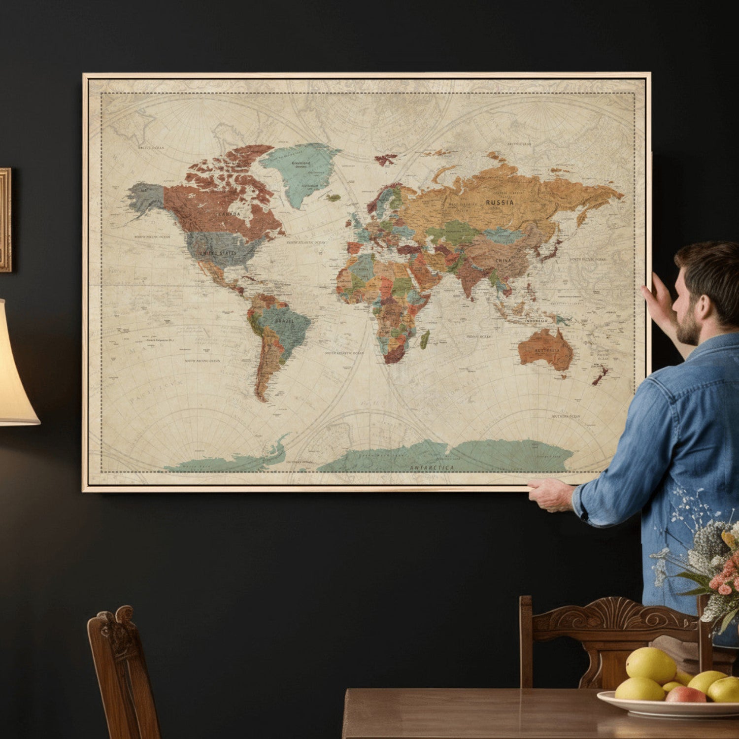 74172497-MGV-CV-36X24 - World Map Wall Art Canvas Print, Modern Decorative Framed Map Artwork Prints for Living Room, Office, Bedroom Wall Decor