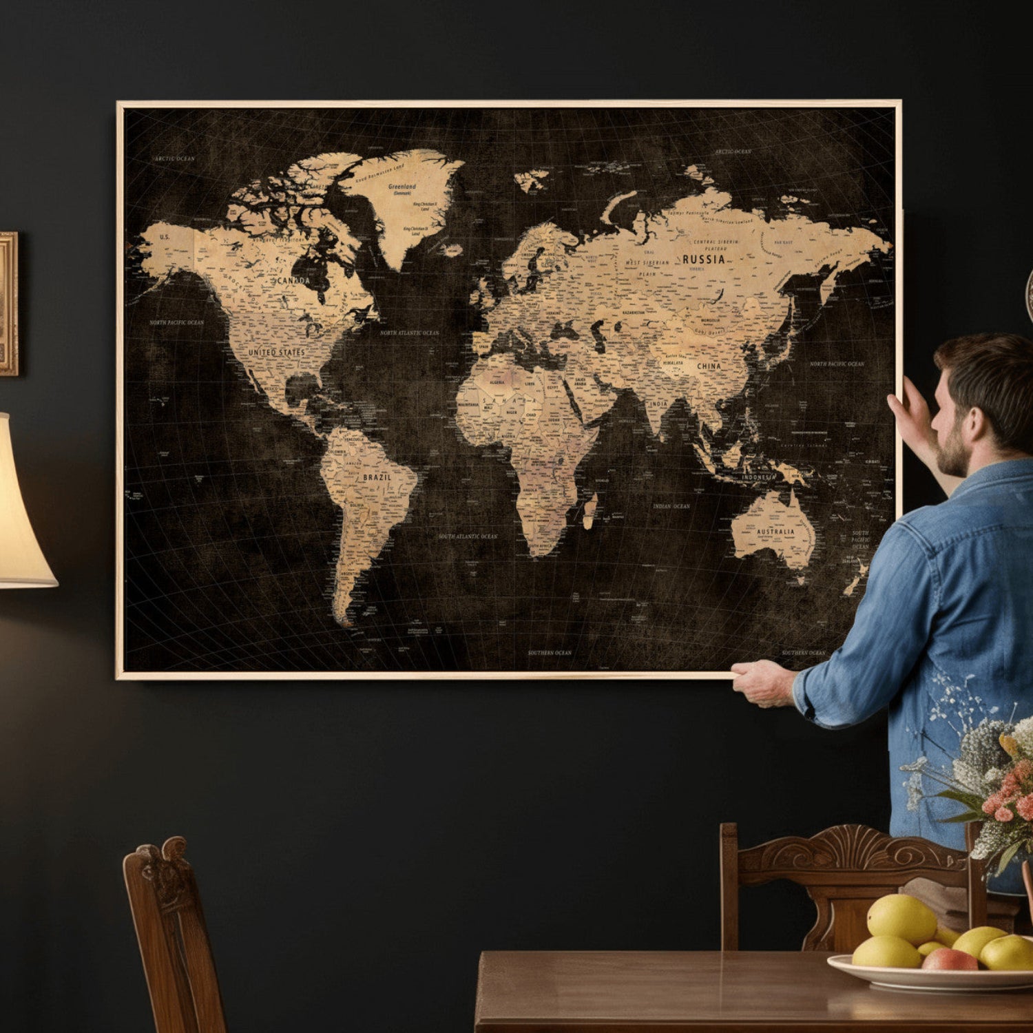 15118265-MGV-CV-36X24 - World Map Wall Art Canvas Print, Modern Decorative Framed Map Artwork Prints for Living Room, Office, Bedroom Wall Decor