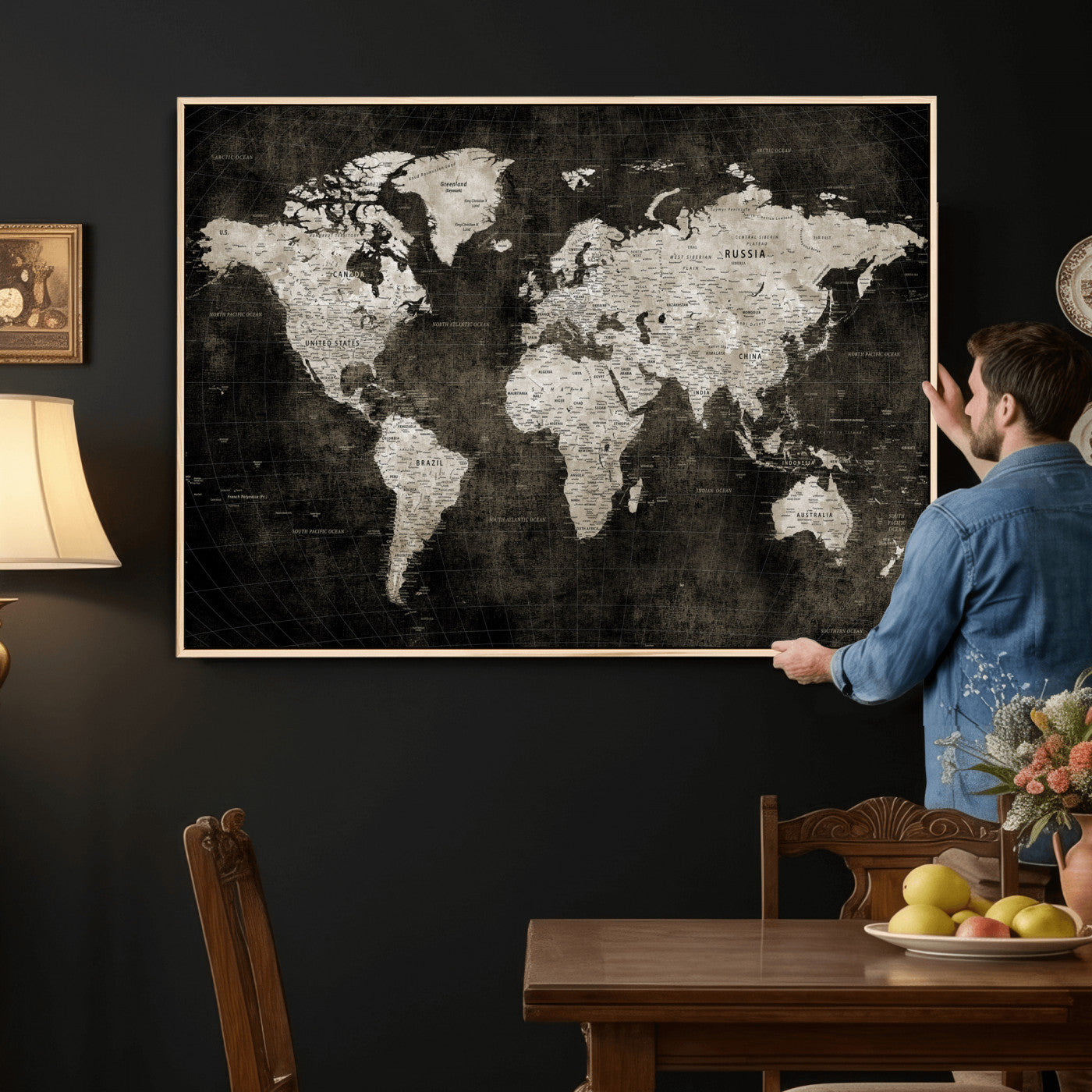 94581666-MGV-CV-36X24 - World Map Wall Art Canvas Print, Modern Decorative Framed Map Artwork Prints for Living Room, Office, Bedroom Wall Decor