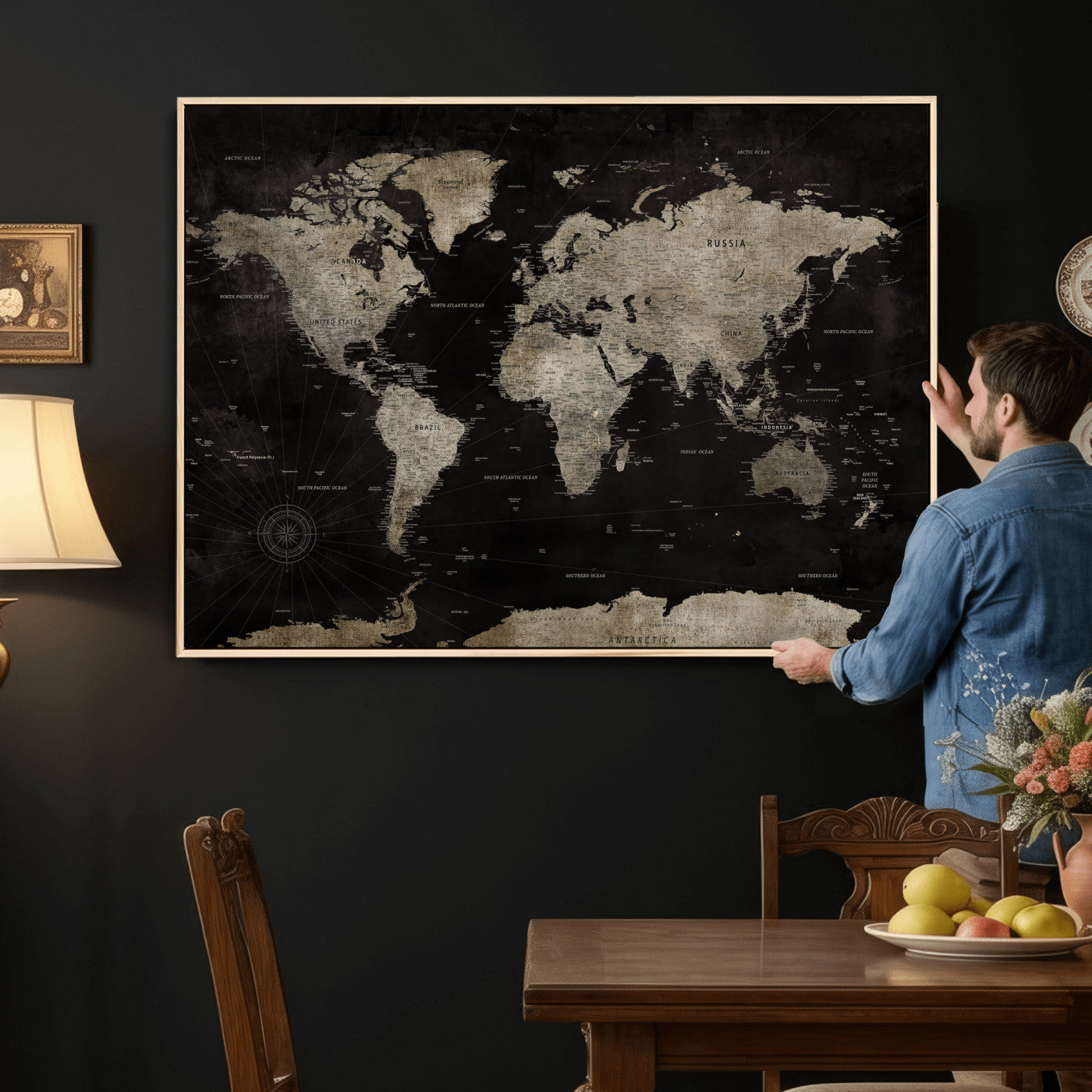 56225956-MGV-CV-36X24 - World Map Wall Art Canvas Print, Modern Decorative Framed Map Artwork Prints for Living Room, Office, Bedroom Wall Decor