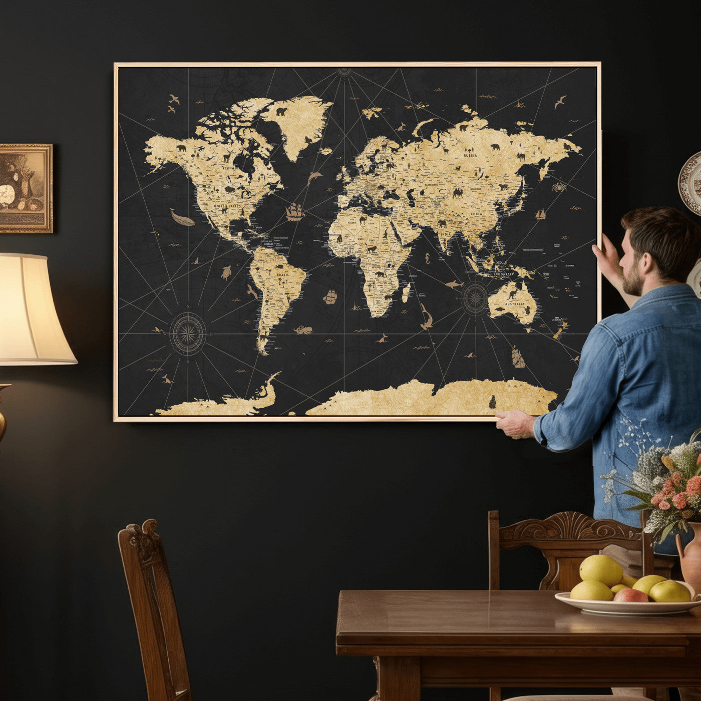 80270976-MGV-CV-36X24 - World Map Wall Art Canvas Print, Modern Decorative Framed Map Artwork Prints for Living Room, Office, Bedroom Wall Decor