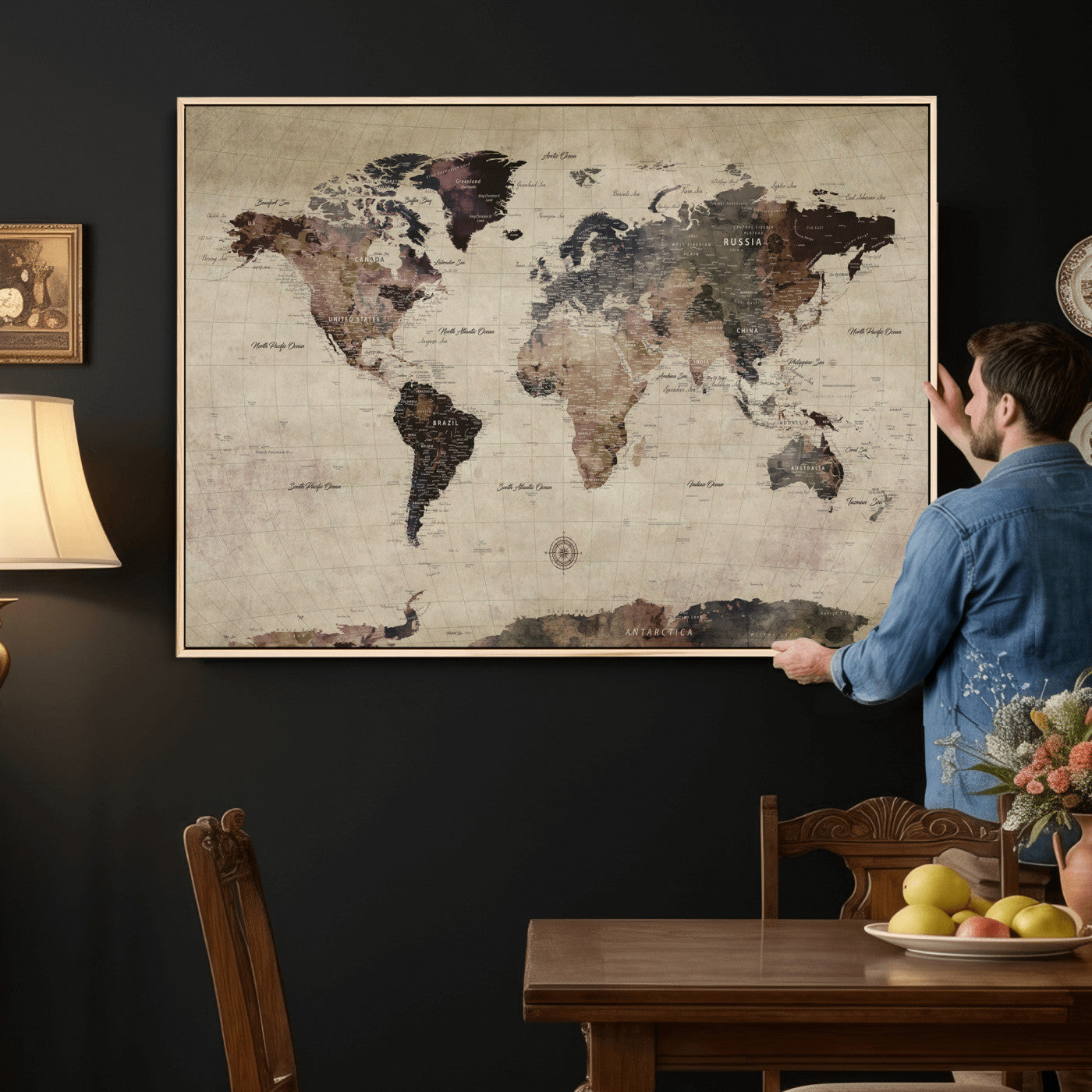60560672-MGV-CV-36X24 - World Map Wall Art Canvas Print, Modern Decorative Framed Map Artwork Prints for Living Room, Office, Bedroom Wall Decor