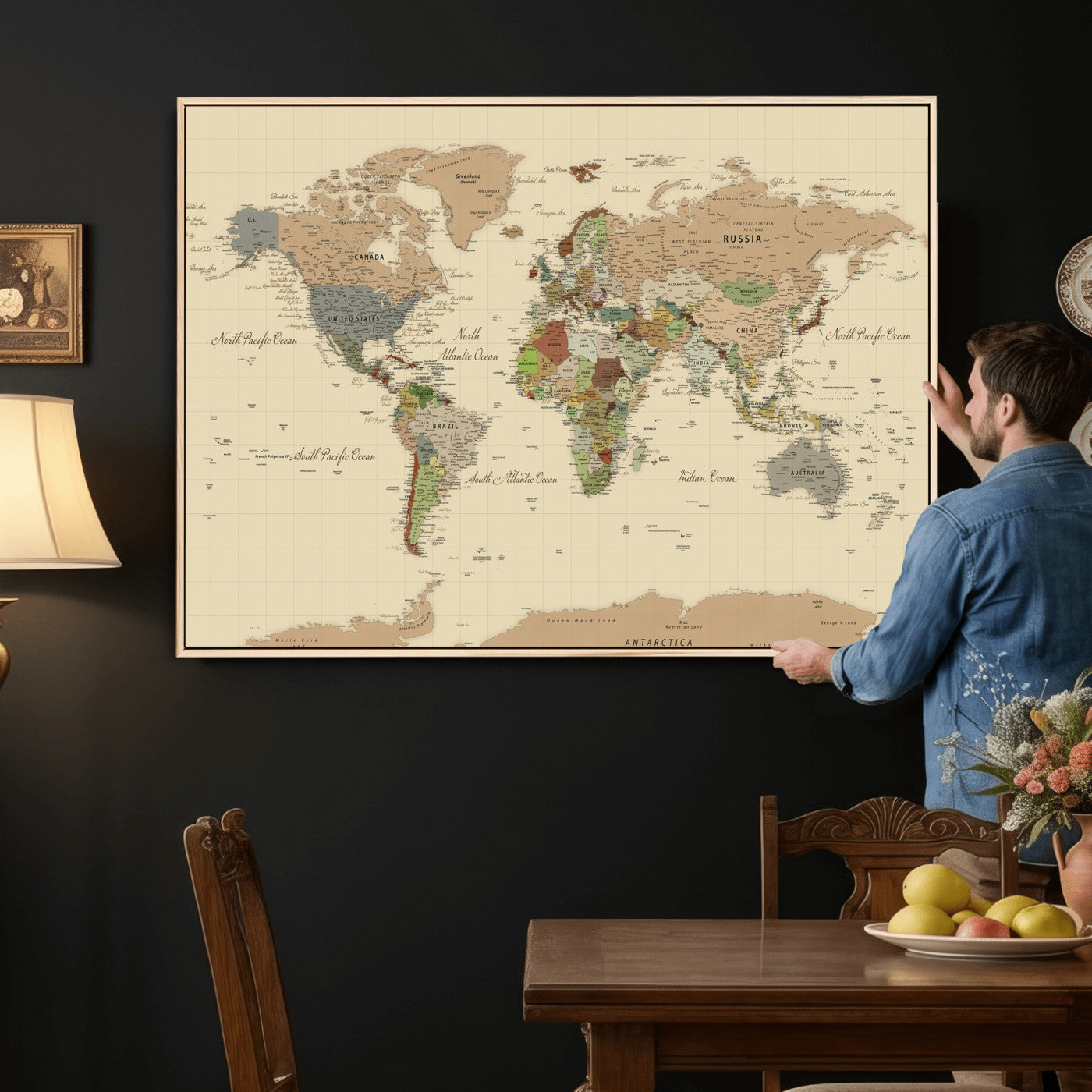 31407854-MGV-CV-36X24 - World Map Wall Art Canvas Print, Modern Decorative Framed Map Artwork Prints for Living Room, Office, Bedroom Wall Decor