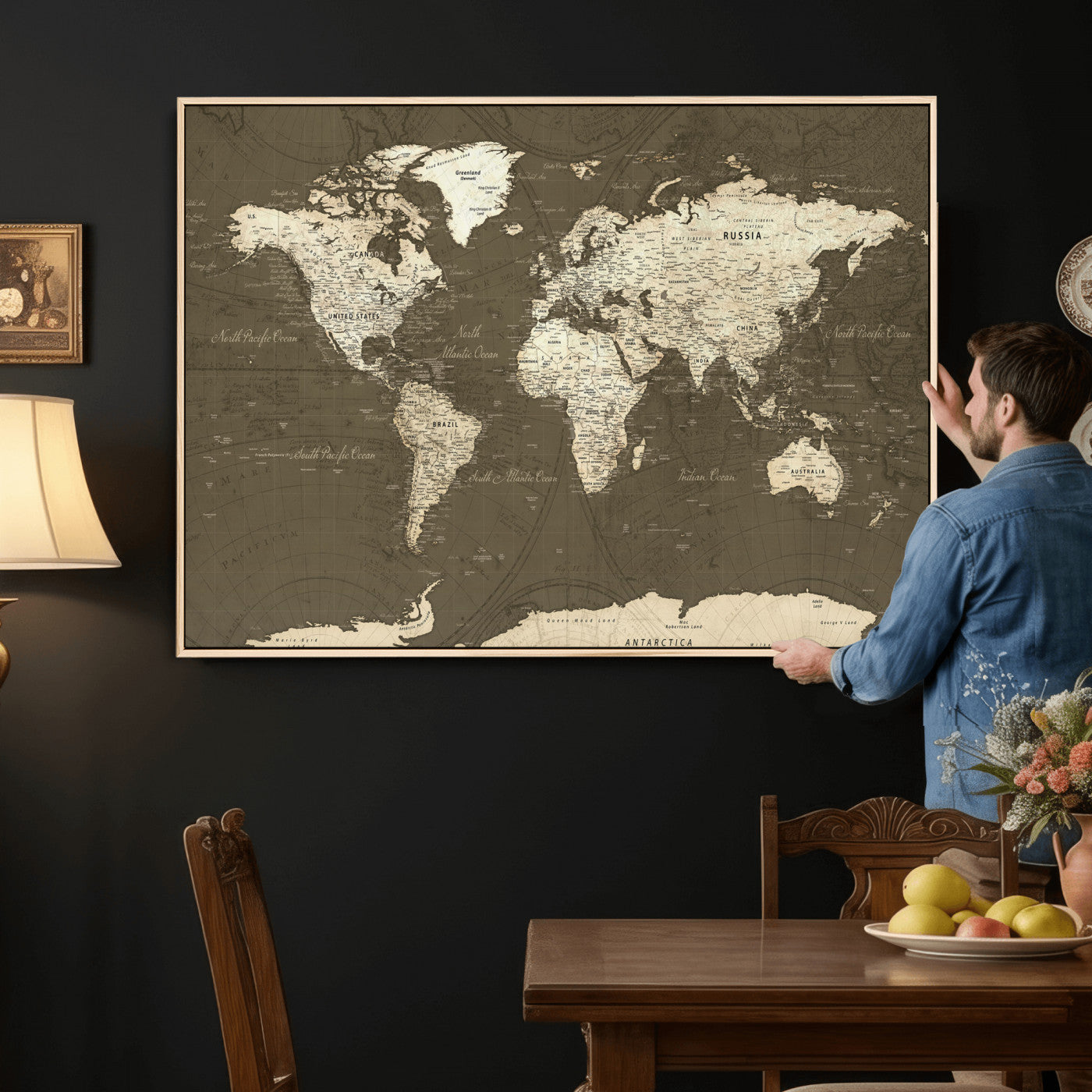 33202610-MGV-CV-36X24 - World Map Wall Art Canvas Print, Modern Decorative Framed Map Artwork Prints for Living Room, Office, Bedroom Wall Decor