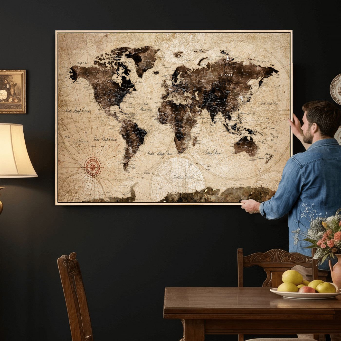 47657418-MGV-CV-36X24 - World Map Wall Art Canvas Print, Modern Decorative Framed Map Artwork Prints for Living Room, Office, Bedroom Wall Decor