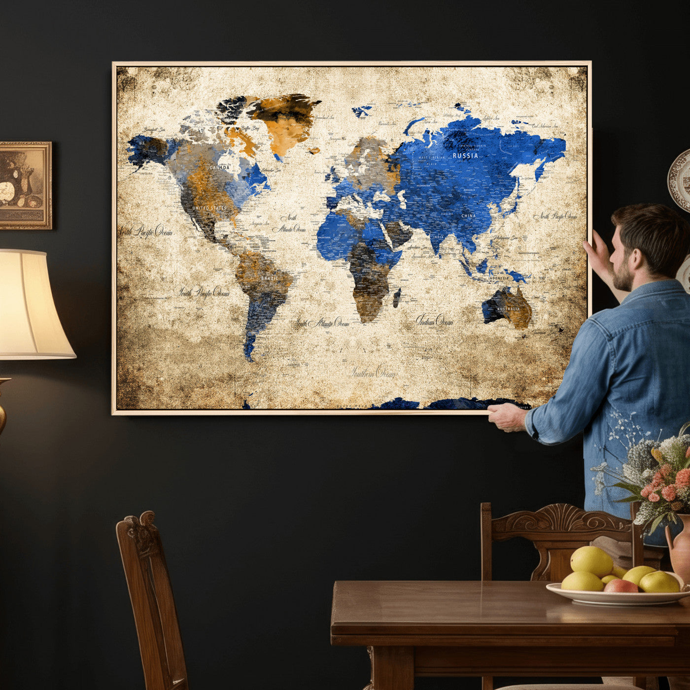 27314341-MGV-CV-36X24 - World Map Wall Art Canvas Print, Modern Decorative Framed Map Artwork Prints for Living Room, Office, Bedroom Wall Decor
