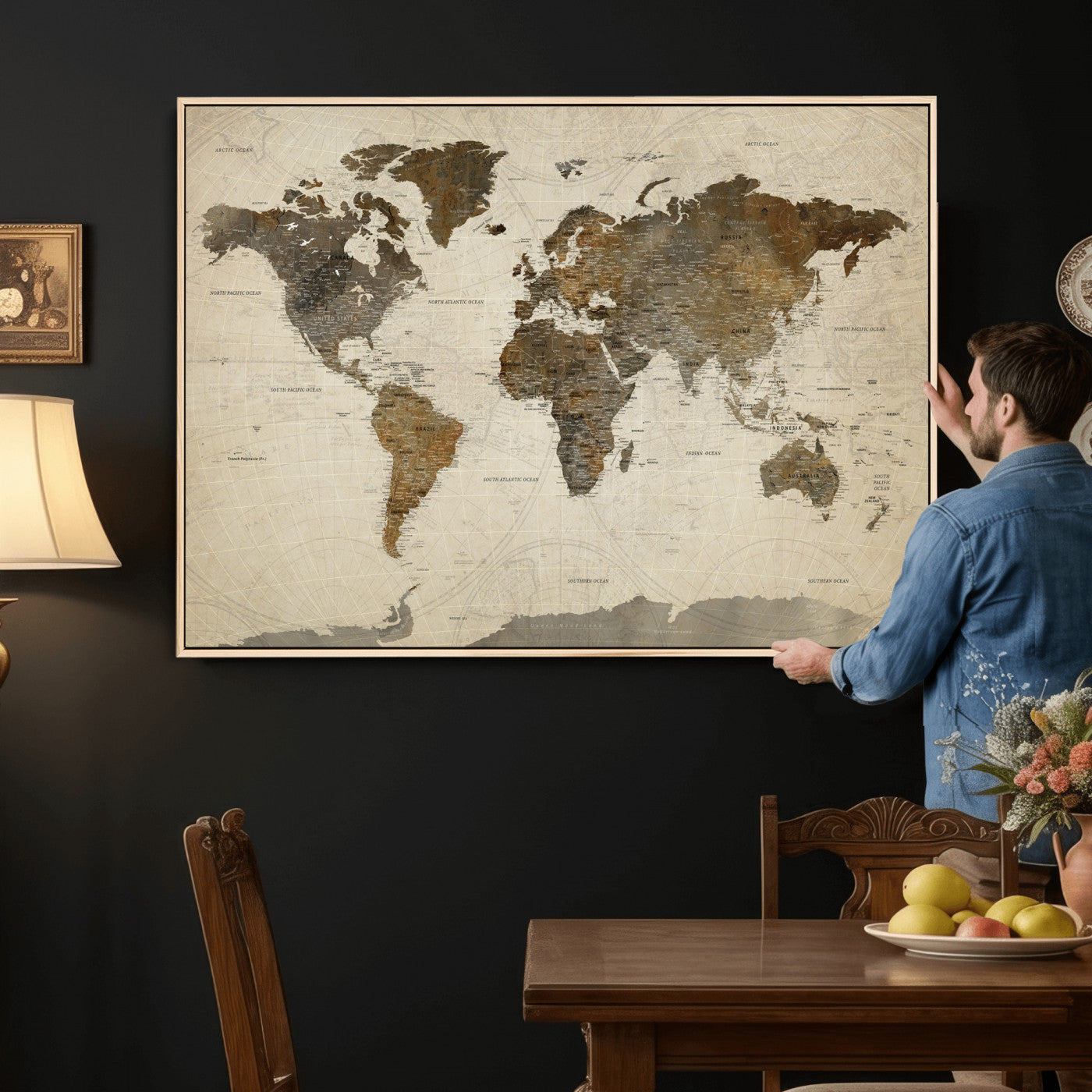 49623468-MGV-CV-36X24 - World Map Wall Art Canvas Print, Modern Decorative Framed Map Artwork Prints for Living Room, Office, Bedroom Wall Decor