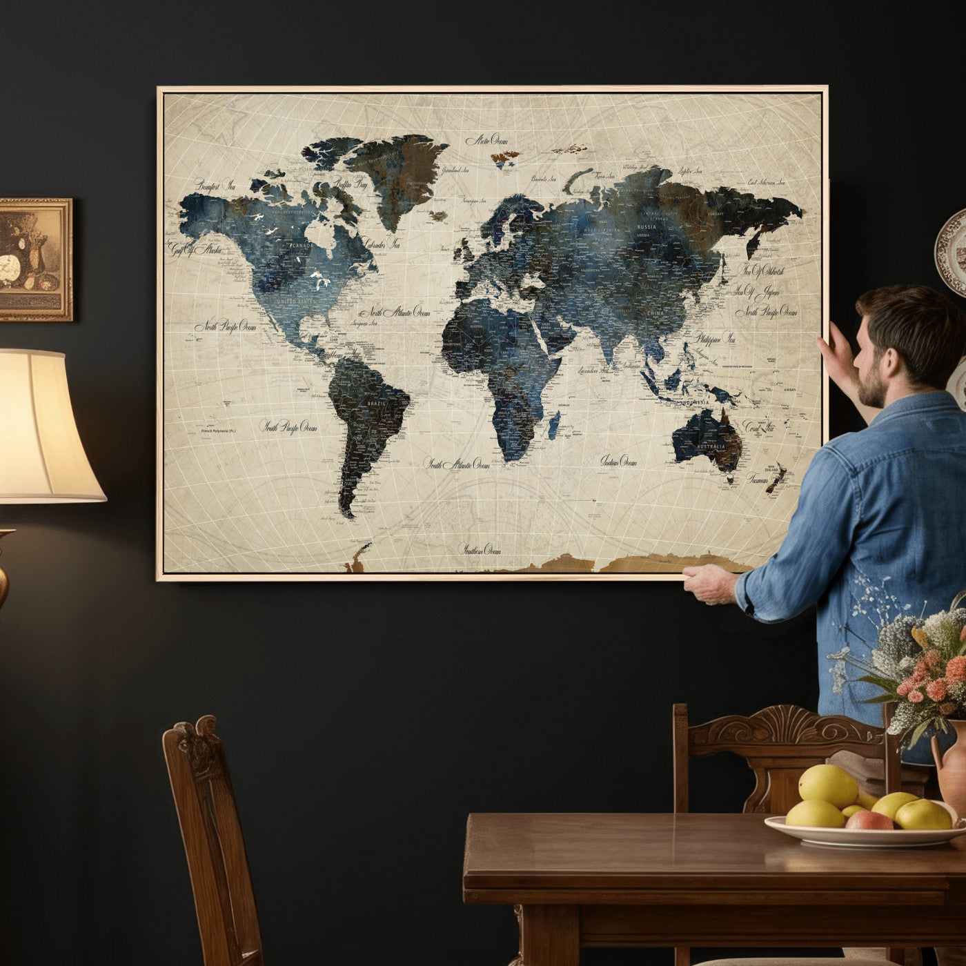 72927803-MGV-CV-36X24 - World Map Wall Art Canvas Print, Modern Decorative Framed Map Artwork Prints for Living Room, Office, Bedroom Wall Decor