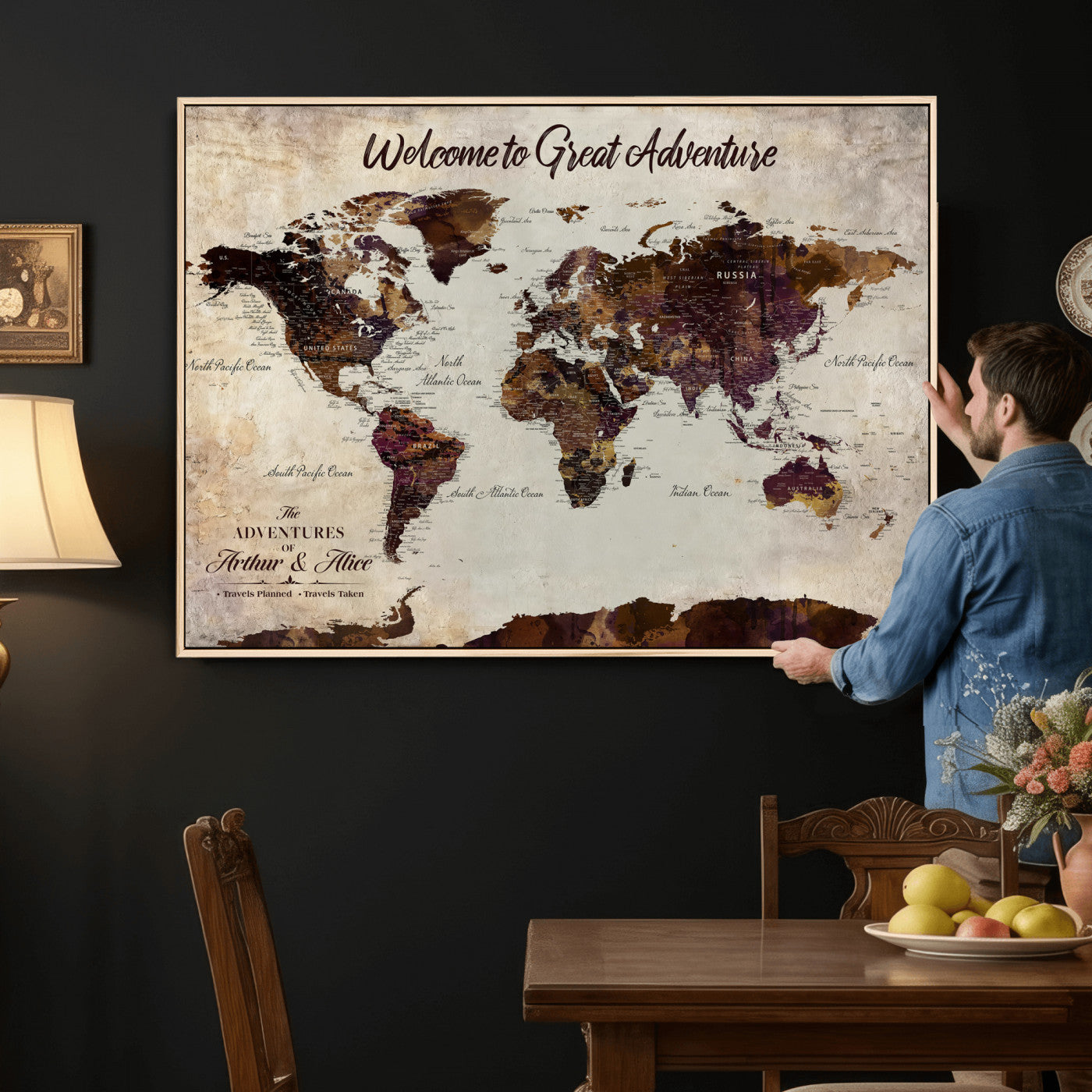 64110391126-MGV-CV-36X24-Custom Push Pin World Map Wall Art Canvas Print – Personalized Travel Tracker with Pins Framed Large for Home and Office Decor