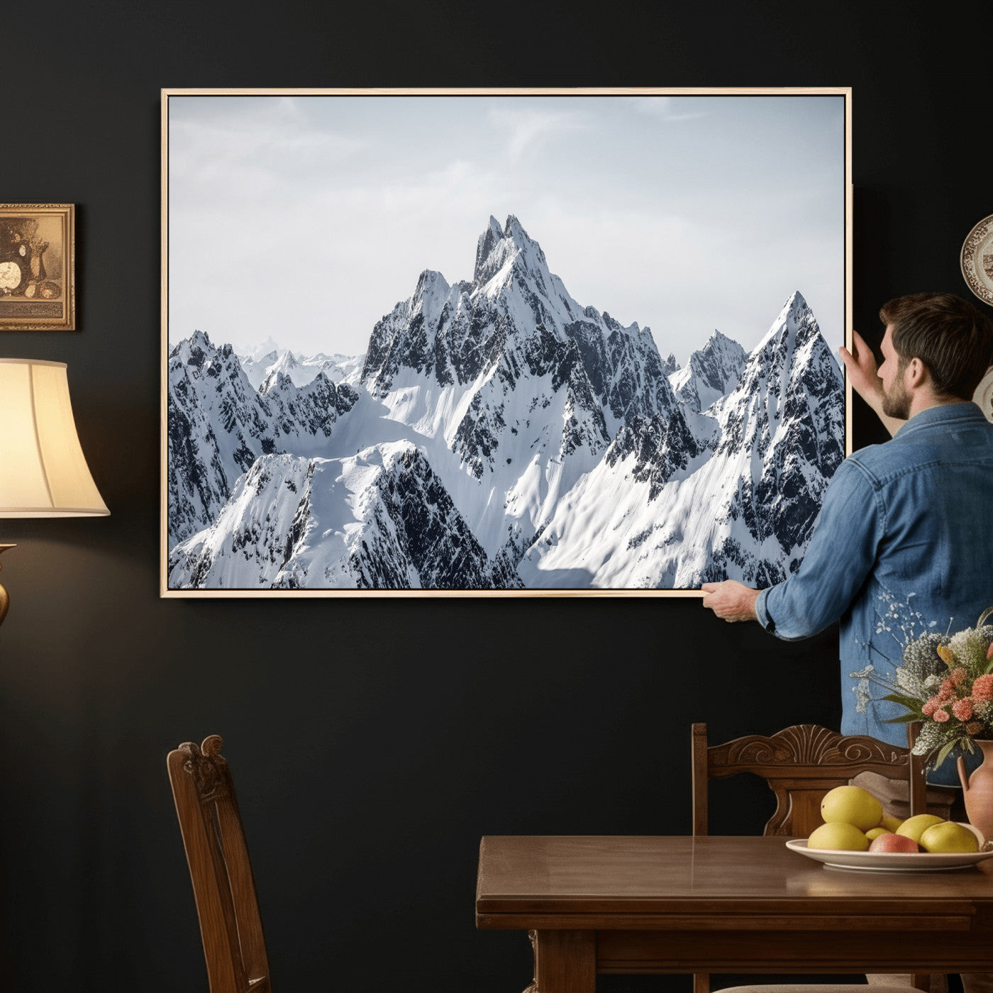 33126265-MGV-CV-36X24 - Snowy Mountain Range Canvas Print, Alpine Peaks Landscape Wall Art, Framed Canvas Ready to Hang