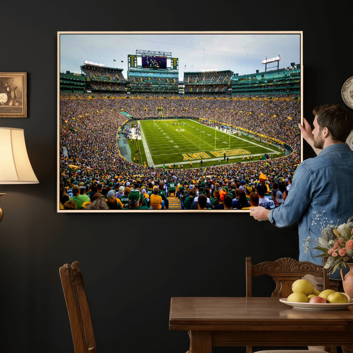 56521752-MGV-CV-36X24 - Green Bay Packers Stadium Wall Art Canvas Print, Lambeau Field Football Stadium Artwork, Framed Wall Art Ready to Hang