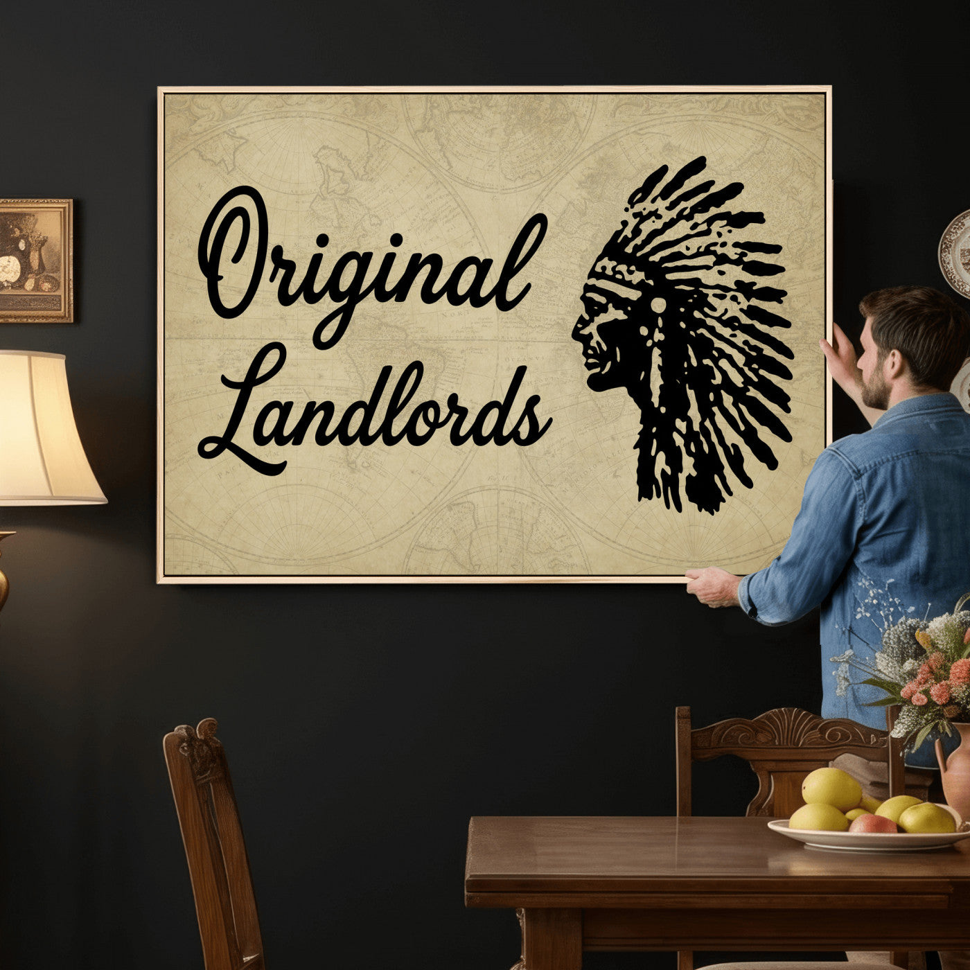 56844712-MGV-CV-36X24 - Original Landlords Wall Art Canvas Print, Native American Silhouette Artwork, Framed Wall Art Ready to Hang