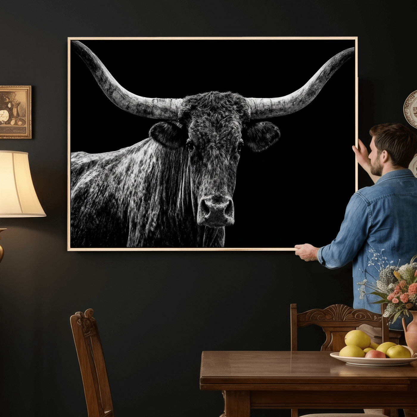 86568508-MGV-CV-36X24 - Vintage Texas Longhorn Bull Wall Art Canvas Print, Texas Cow Portrait Print, Framed Bull Wall Art Ready to Hang