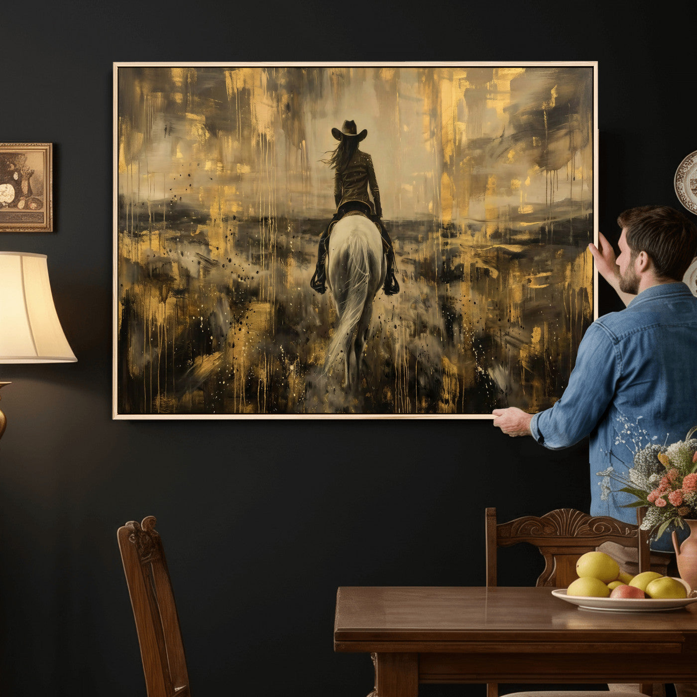 20465530-MGV-CV-36X24 - Cowgirl Wall Art Canvas Print, Western Horse Rider Wall Art, Framed Wall Art Ready to Hang