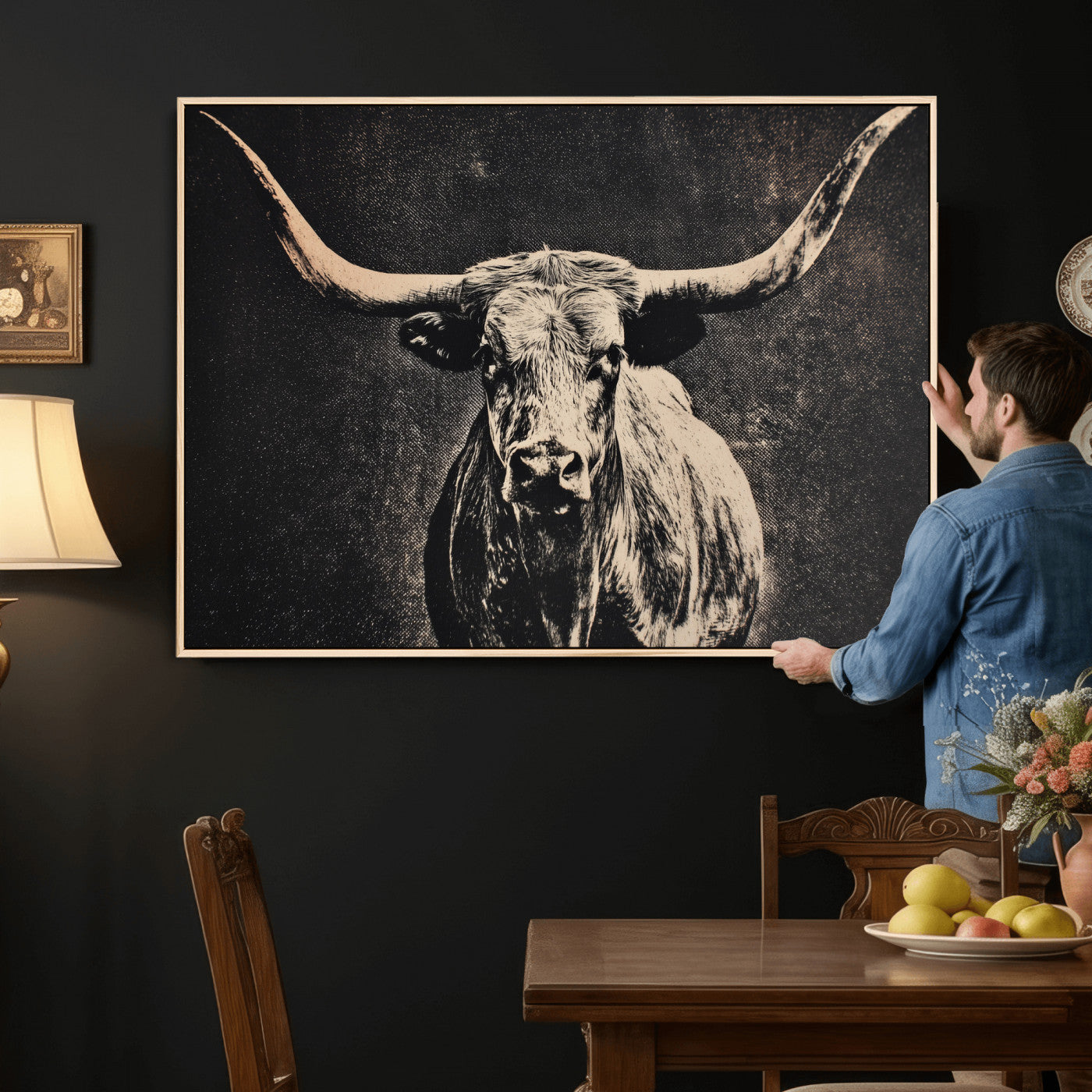 27394218-MGV-CV-36X24 - Vintage Texas Longhorn Bull Wall Art Canvas Print, Cow Portrait Photography Print, Framed Wall Art Ready to Hang