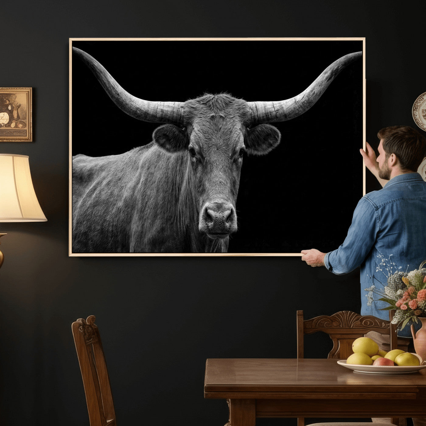 32601430-MGV-CV-36X24 - Texas Longhorn Bull Wall Art Canvas Print, Cow Portrait Photography, Framed Wall Art Ready to Hang