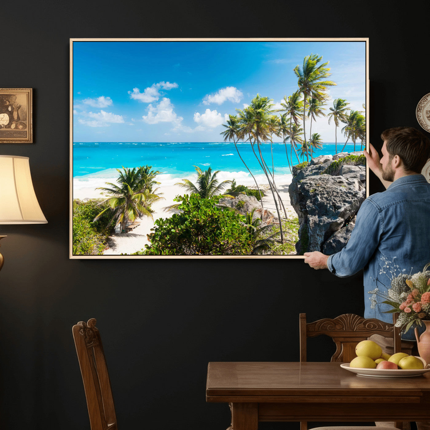 79995168-MGV-CV-36X24 - Barbados Beach Wall Art Canvas Print, Palm Tree Ocean Landscape, Turquoise Sea Coastal Photography, Tropical Island Wall Decor, Framed Ready to Hang