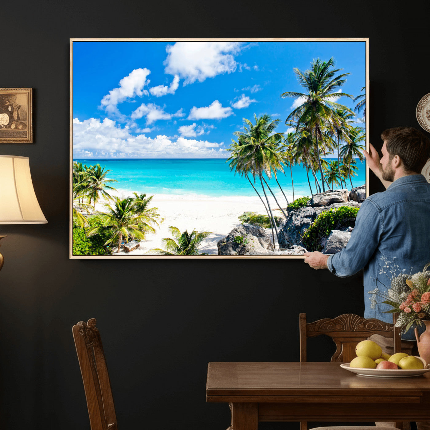 29232878-MGV-CV-36X24 - Barbados Beach Wall Art Canvas Print, Palm Tree Ocean Landscape, Turquoise Sea Coastal Photography, Tropical Island Wall Decor, Framed Ready to Hang