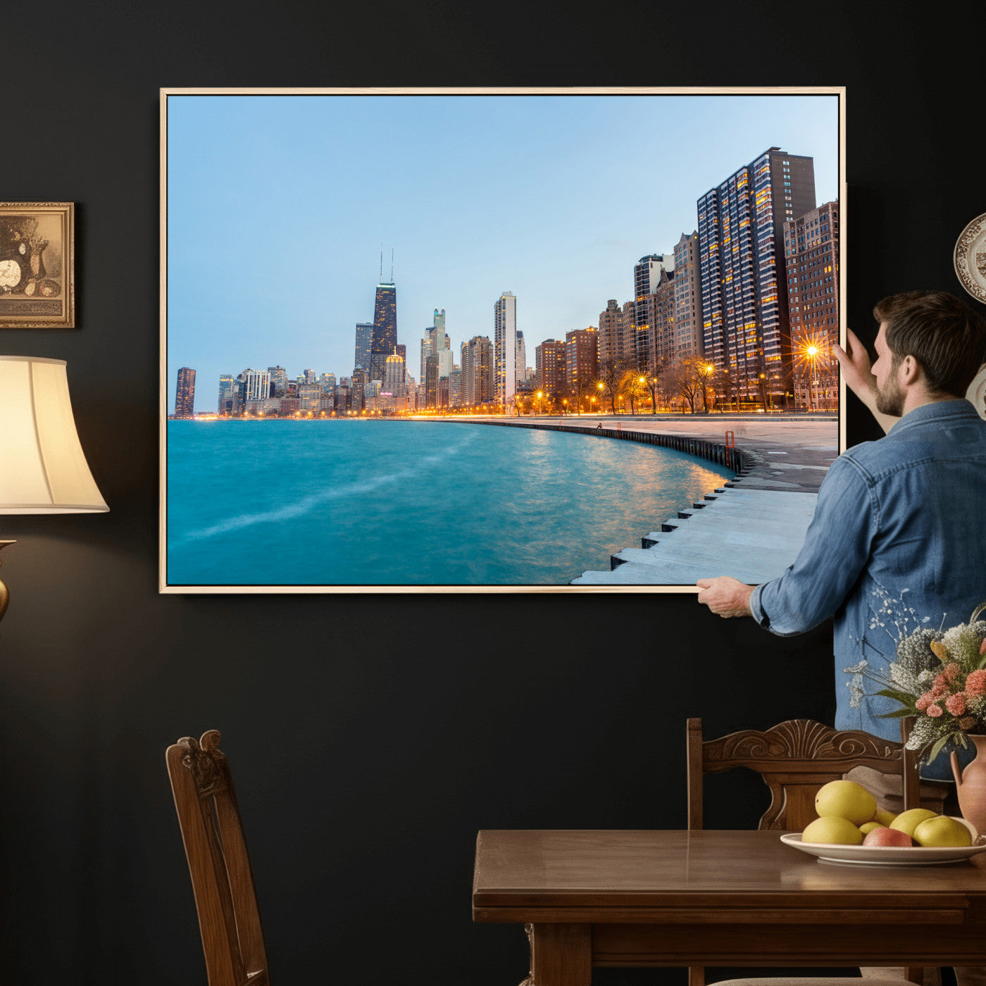 66780141-MGV-CV-36X24 - Chicago Wall Art Canvas Print, Chicago City Downtown Night Cityscape Print for Modern Urban Wall Decor