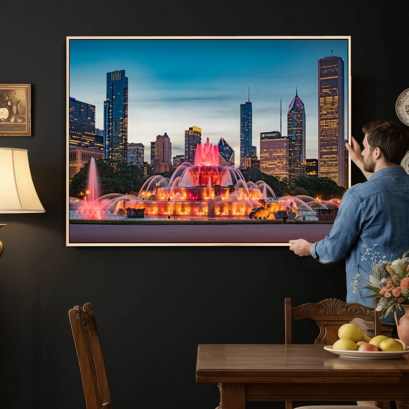 46805285-MGV-CV-36X24 - Chicago Wall Art Canvas Print, Chicago City Downtown Night Cityscape Print for Modern Urban Wall Decor