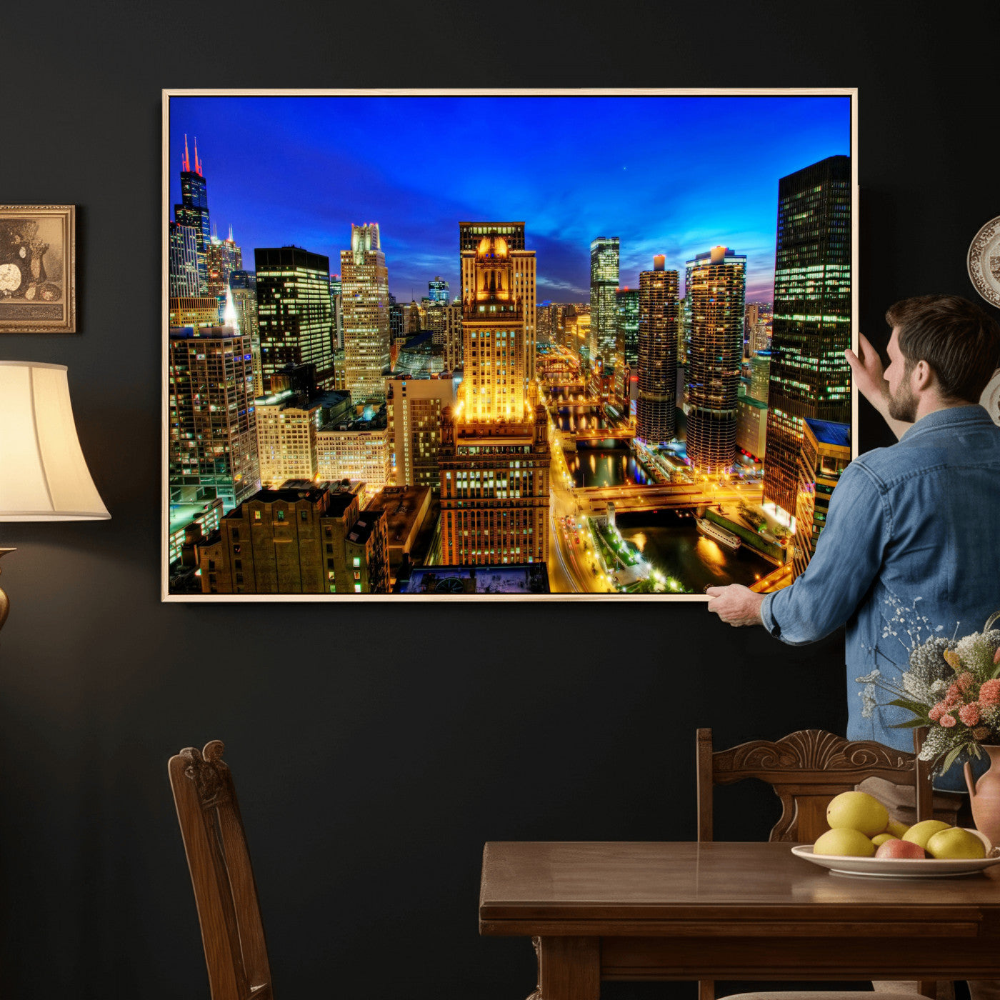 46298885-MGV-CV-36X24 - Chicago Wall Art Canvas Print, Chicago City Downtown Night Cityscape Print for Modern Urban Wall Decor