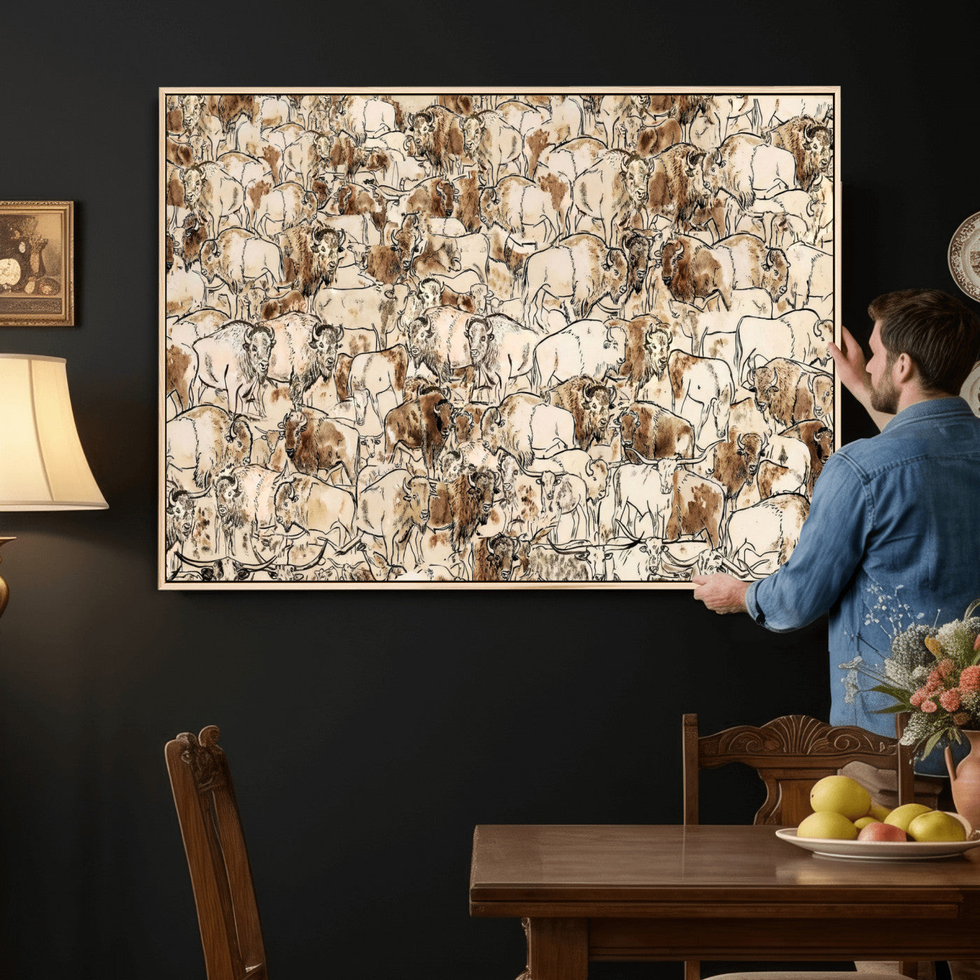 50142019-MGV-CV-36X24 - Farmhouse Animals Wall Art Canvas Print - Abstract Farm Animal Drawing Mid-Century Wall Art for Cabin Decor