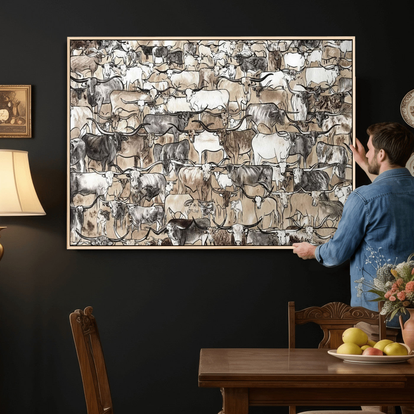 64368752-MGV-CV-36X24 - Farmhouse Animals Wall Art Canvas Print - Abstract Farm Animal Drawing Mid-Century Wall Art for Cabin Decor