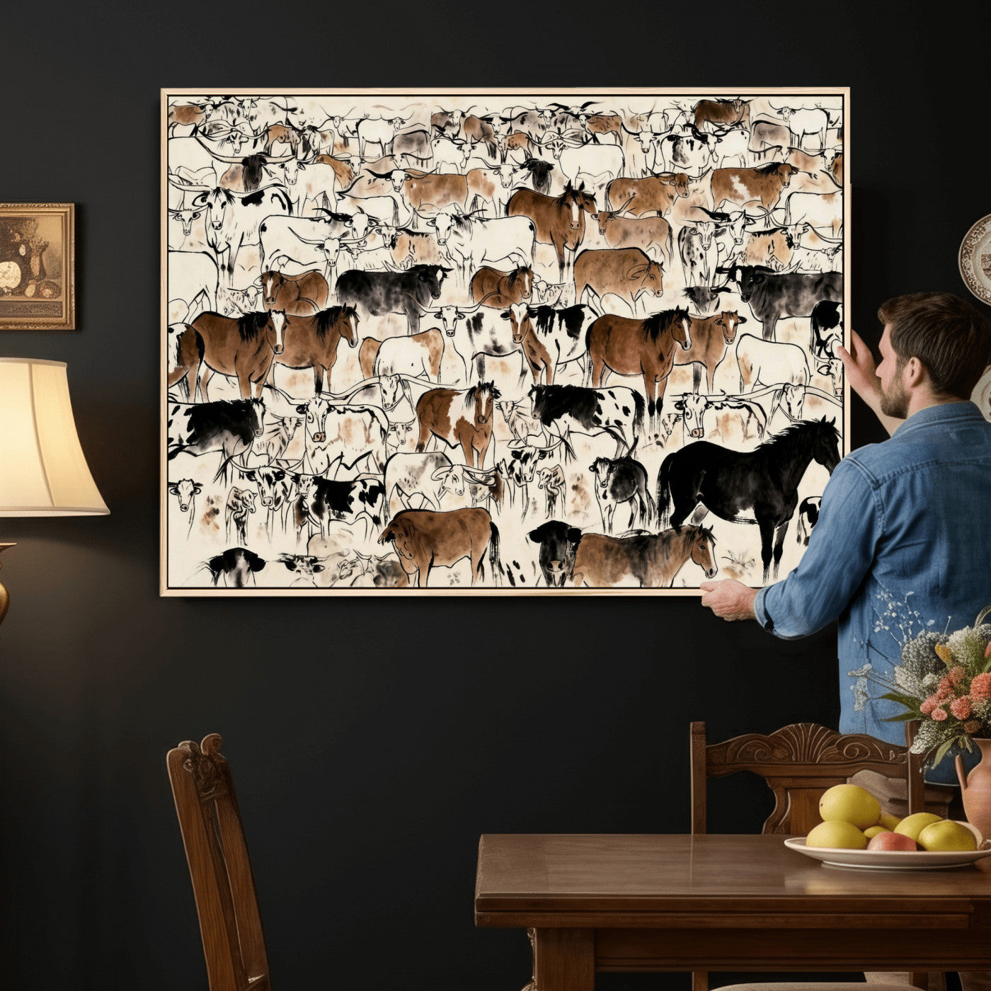86150485-MGV-CV-36X24 - Farmhouse Animals Wall Art Canvas Print - Abstract Farm Animal Drawing Mid-Century Wall Art for Cabin Decor