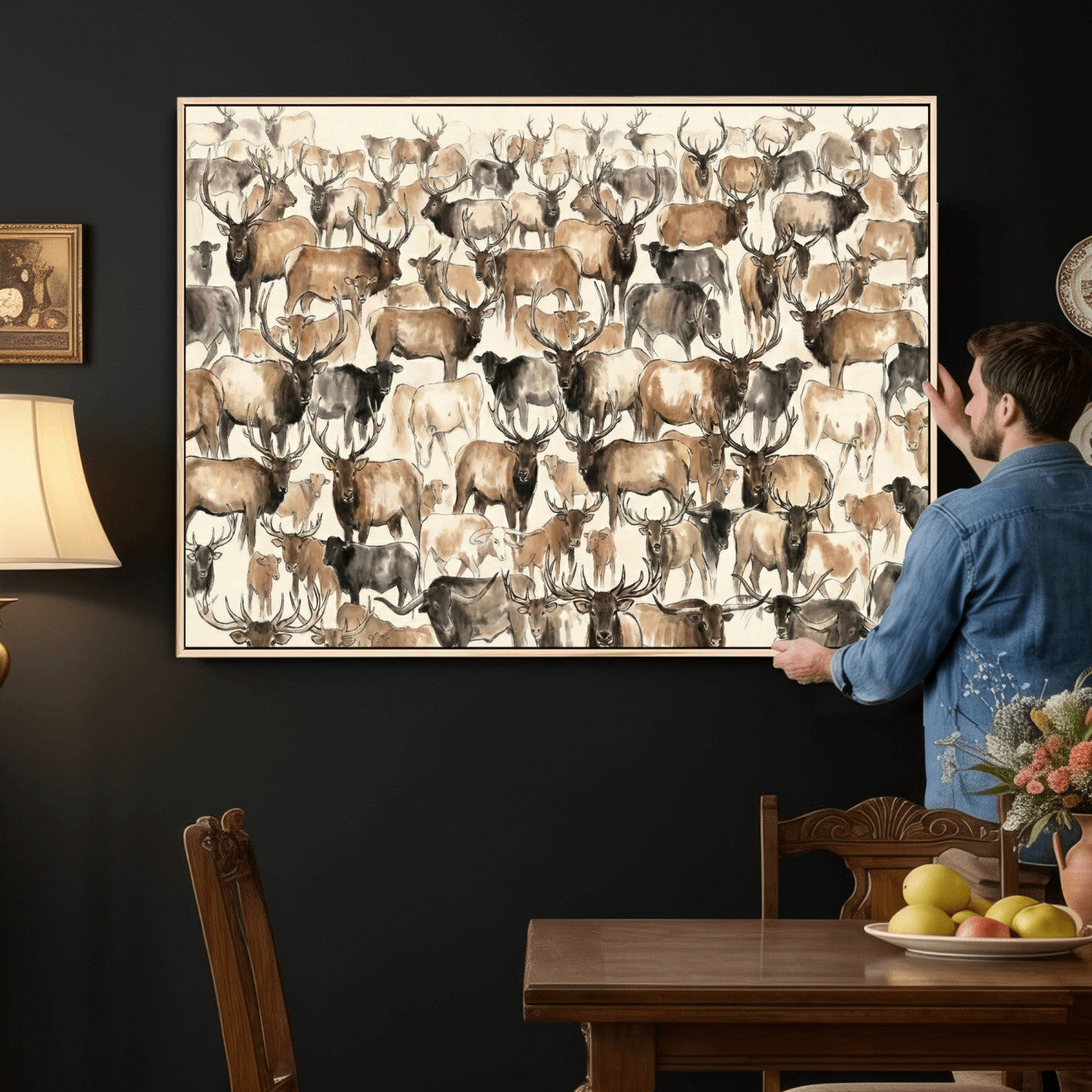 24374881-MGV-CV-36X24 - Farmhouse Animals Wall Art Canvas Print - Abstract Farm Animal Drawing Mid-Century Wall Art for Cabin Decor