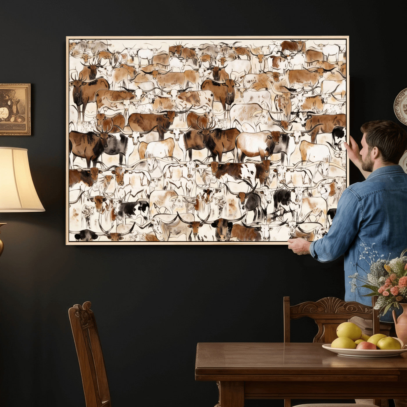 81416572-MGV-CV-36X24 - Farmhouse Animals Wall Art Canvas Print - Abstract Farm Animal Drawing Mid-Century Wall Art for Cabin Decor