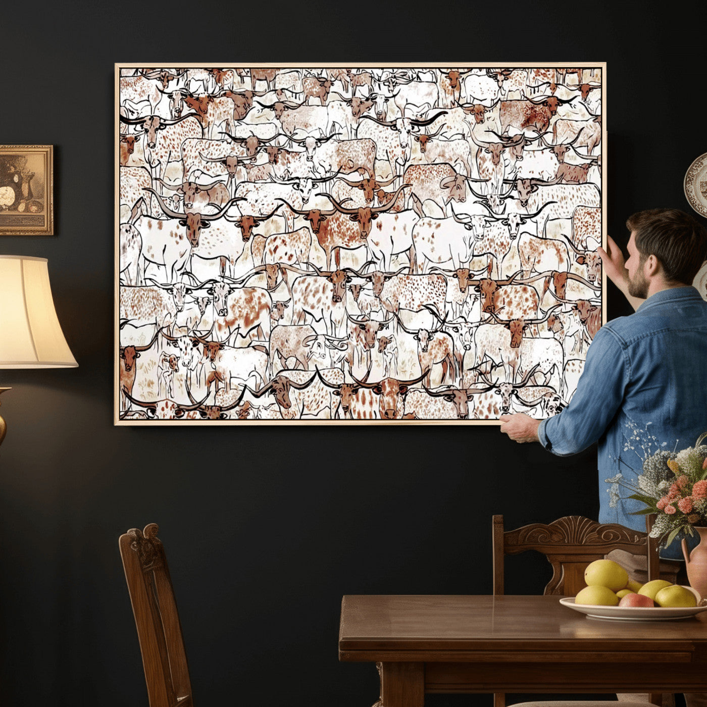 71869761-MGV-CV-36X24 - Farmhouse Animals Wall Art Canvas Print - Abstract Farm Animal Drawing Mid-Century Wall Art for Cabin Decor