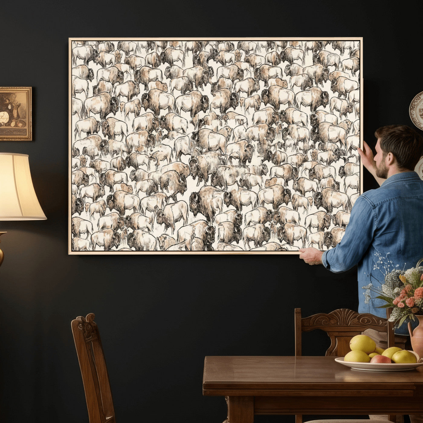 77502929-MGV-CV-36X24 - Farmhouse Animals Wall Art Canvas Print - Abstract Farm Animal Drawing Mid-Century Wall Art for Cabin Decor