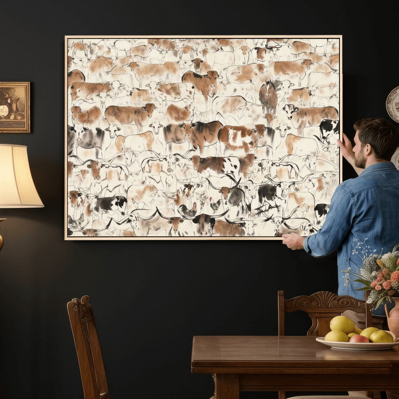 69961368-MGV-CV-36X24 - Farmhouse Animals Wall Art Canvas Print - Abstract Farm Animal Drawing Mid-Century Wall Art for Cabin Decor