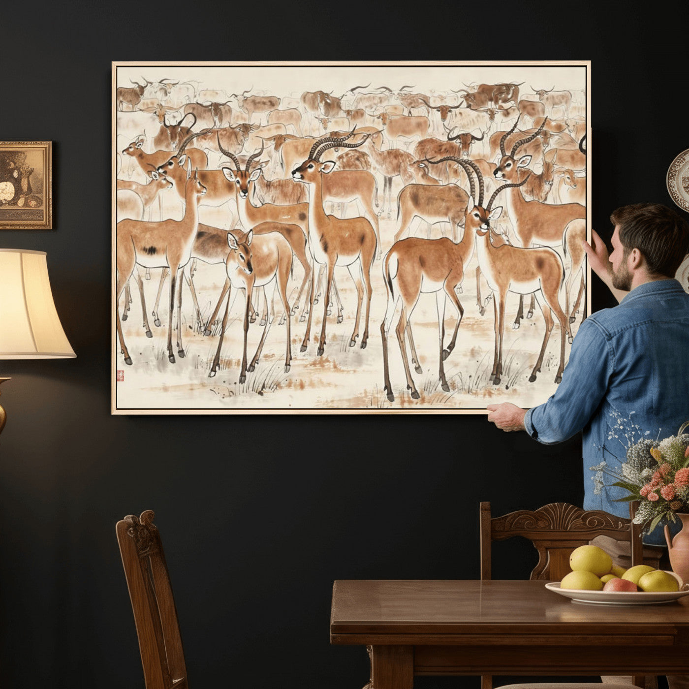 67375088-MGV-CV-36X24 - Farmhouse Animals Wall Art Canvas Print - Abstract Farm Animal Drawing Mid-Century Wall Art for Cabin Decor